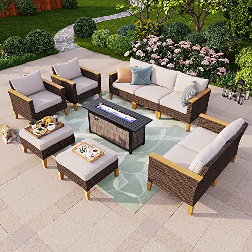 PHI-VILLA-10-Piece-Outdoor-Sectional-Patio-Conversation-Set-with-56-Fire-Pit-Table-Table-Outdoor-Rattan-Furniture-Patio-Set-for-9-Seats-with-Cushions-Beige PHI VILLA 10 Piece Outdoor Sectional Patio Conversation Set with 56 Fire Pit Table Table Outdoor Rattan Furniture Patio Set for 9 Seats with Cushions Beige