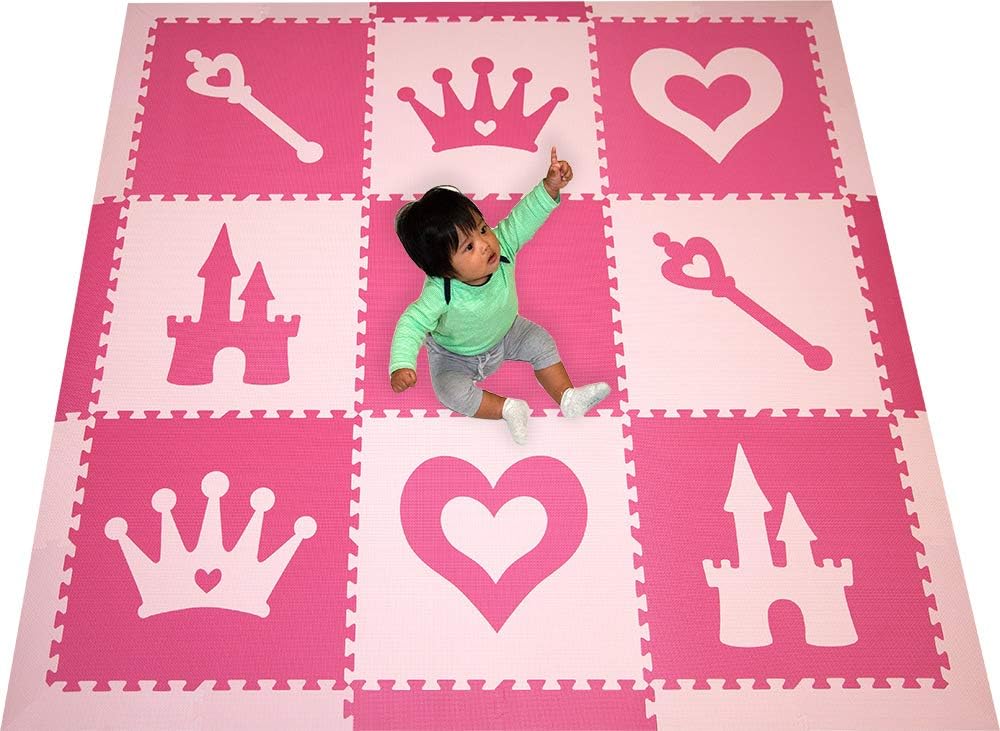 SoftTiles Princess Theme Foam Playmat | Princess Decor | Nontoxic Interlocking Floor Tiles for Girls Playrooms & Baby Nursery | Light Pink and Dark Pink- 6.5' x 6.5 ft.- SCPRIPC