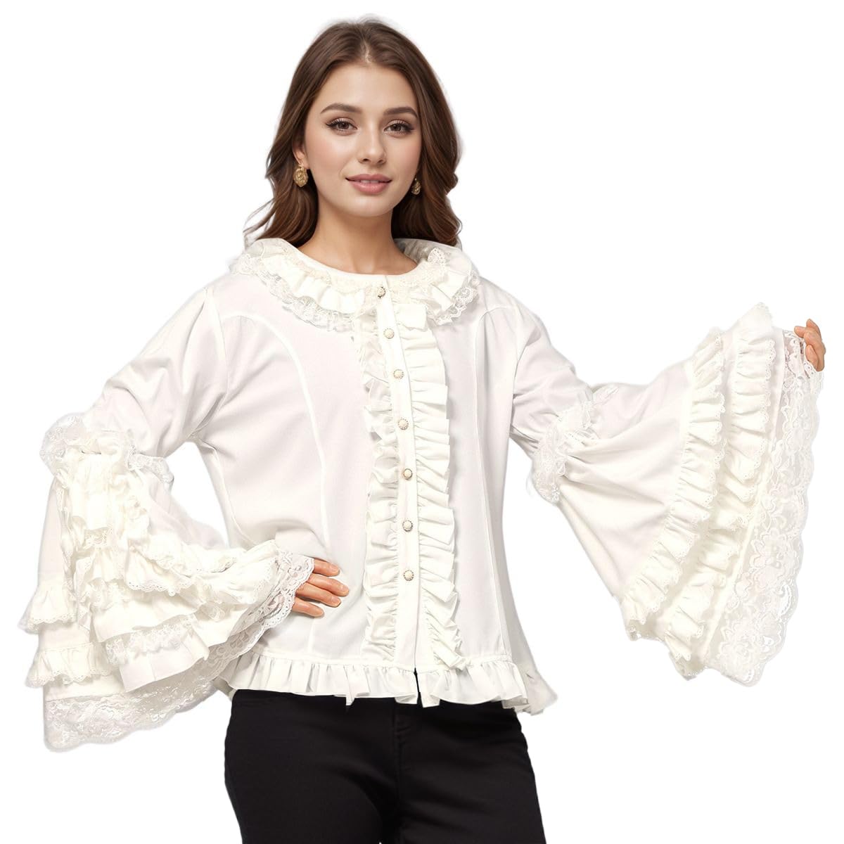 Camicetta da donna Lolita a maniche lunghe in pizzo con volant camicia vittoriana vintage camicetta chiffon volant crop top