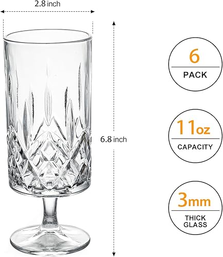 Miniatura 2 de Juego de 6 vasos de cristal de 11 onzas con grabado de flores, vasos de chupito para el hogar, para jugo, vino, cerveza, champán, cóctel, whisky