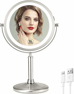 VESAUR 8" Rechargeable Lighted Makeup Mirror, 1X/10X Magnifying Mirror with 3 Colors 50 LED Lights, Touch Screen Brightness Adjustable, Removable Travel Vanity Mirror 360° Rotation, Senior Nickel