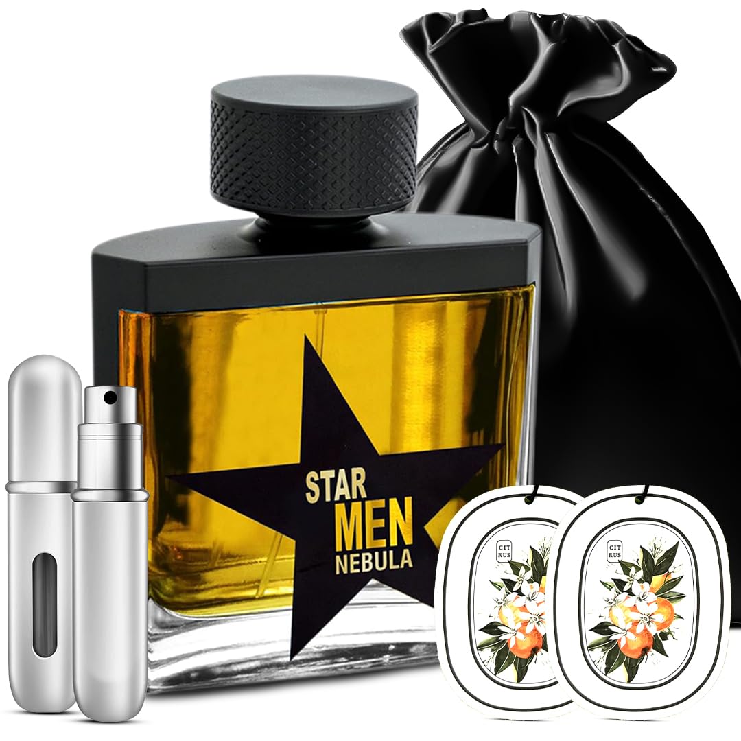 Bundle of Fragrance World Star Men Nebula 3.4OZ Eau De Parfum Empty Refillable Bottle, 2 Scented Cards & Satin Bag