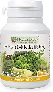 Folate (L-Methylfolate) 1000μg x 90 Capsules, 5-MTHF Active Form of Folic Acid/Vitamin B9, Please See Our 400mcg Version for Pregnancy, Magnesium Stearate Free, Made in Wales