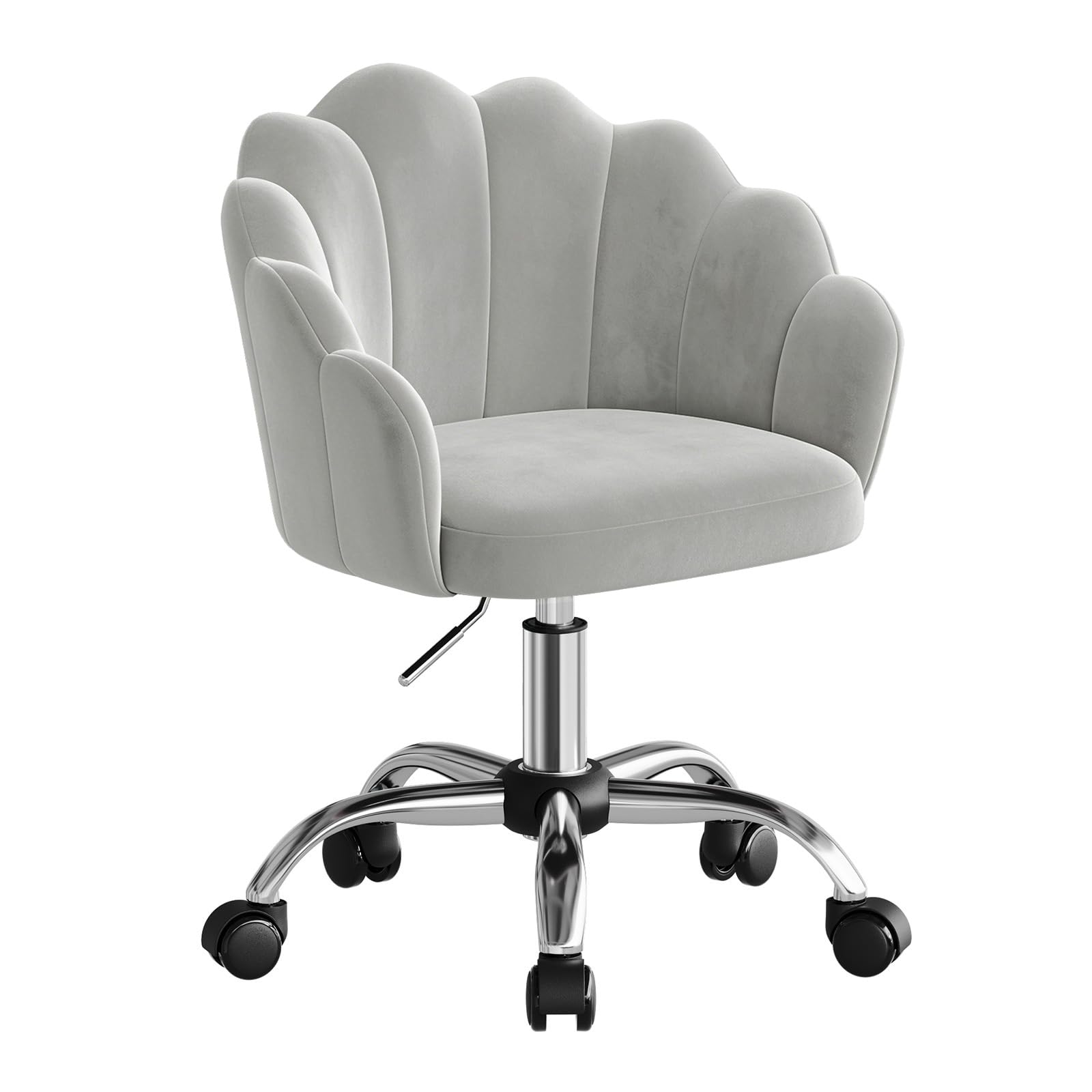 WOLTU Silla de Tocador Terciopelo con Respaldo de Petalos, Silla Giratoria con Ruedas, Ergonómica para Maquillaje, Patas de Metal, Gris Claro