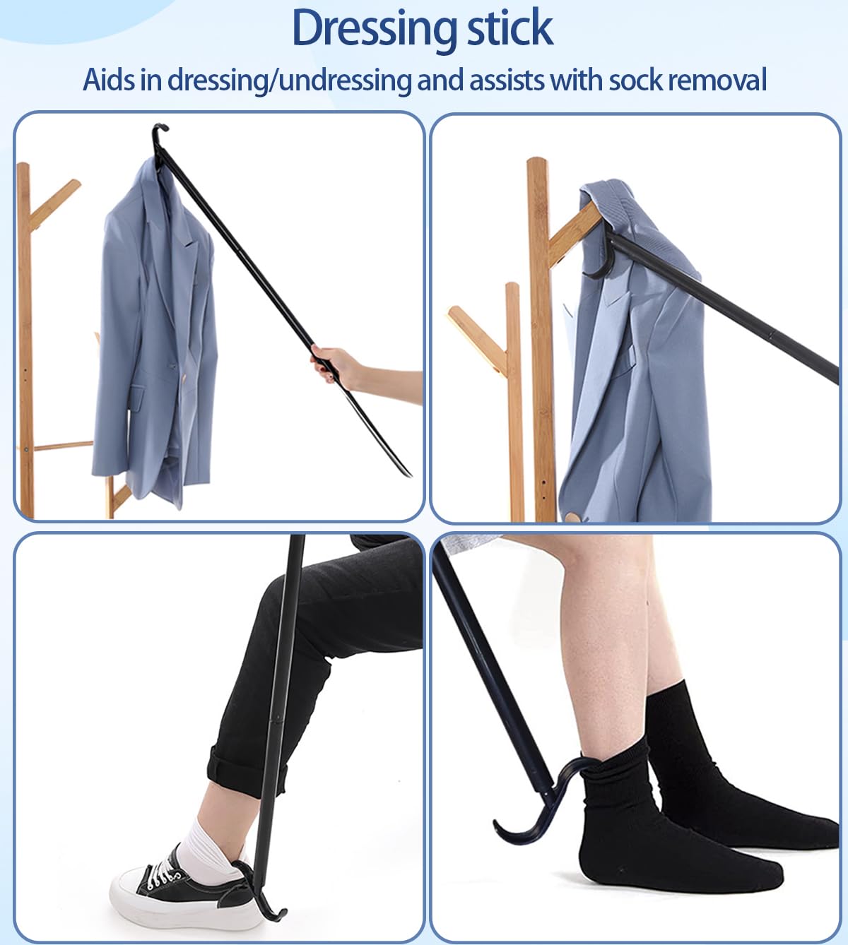 Bâton de pansement amovible de 88 cm avec chausse-pied réglable et outil de retrait de chaussettes – Aide à l'habillage extra long pour personnes âgées, personnes âgées pour mettre et enlever des