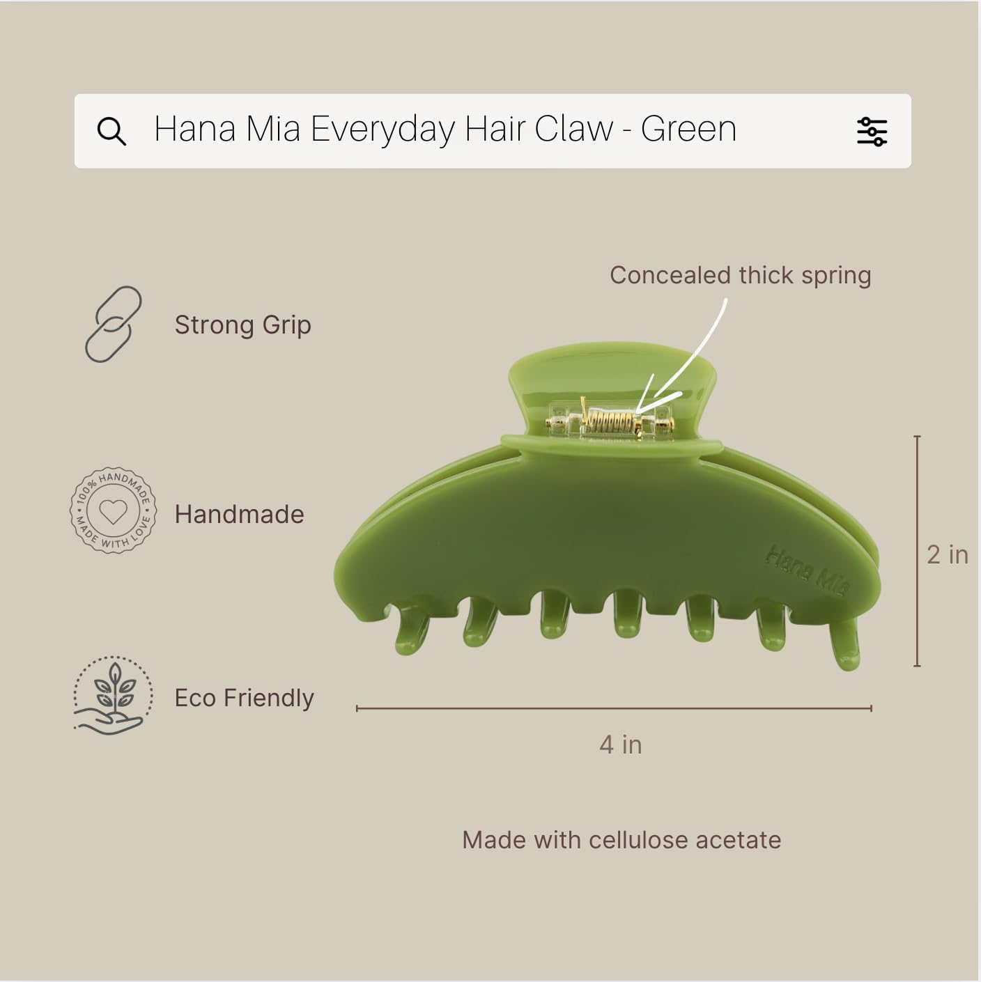 Hana Mia Pinzas para el cabello de acetato duradero de alta calidad, bonitas pinzas para cabello grueso, pinzas grandes para el cabello, pinzas antideslizantes de 4 pulgadas para mujeres (verde)