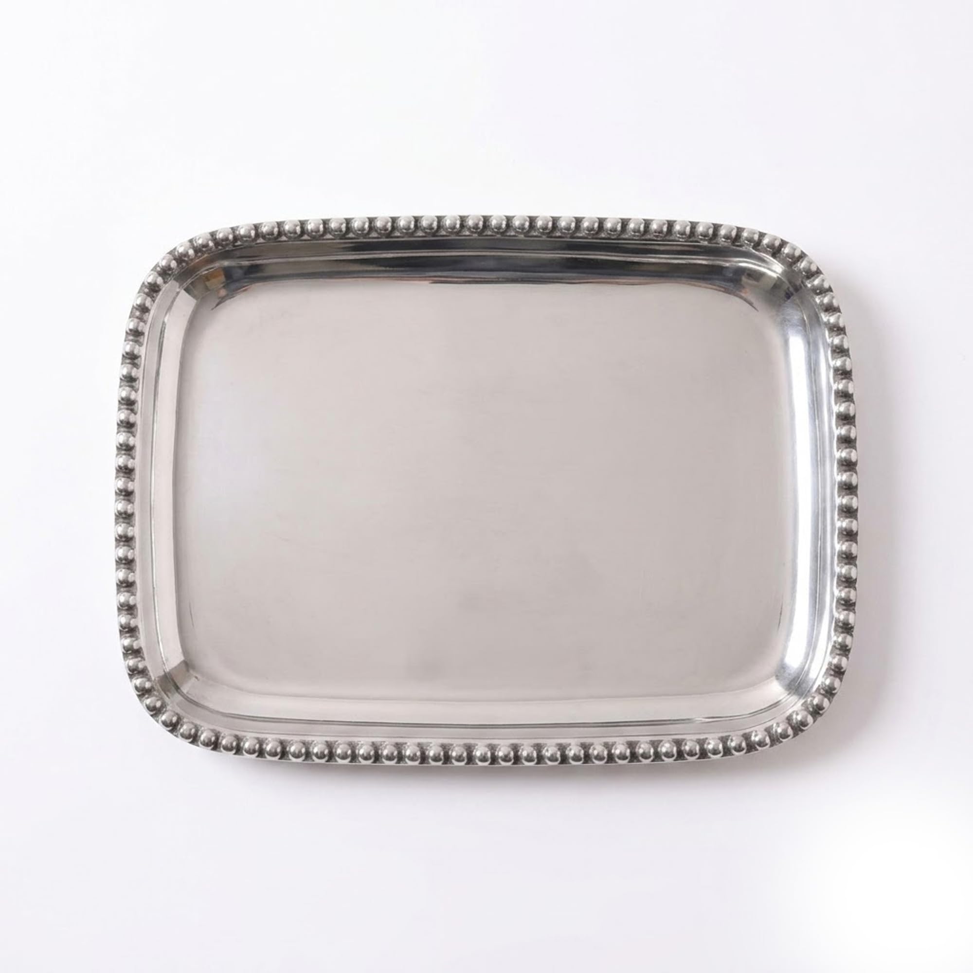 IHI EST. 1986 Silver Metal Beaded Vanity Tray, 8.5 x 6 Inch Rectangular Decorative Tray, Elegant Jewelry Organizer for Dresser, Bathroom Counter and Home Décor