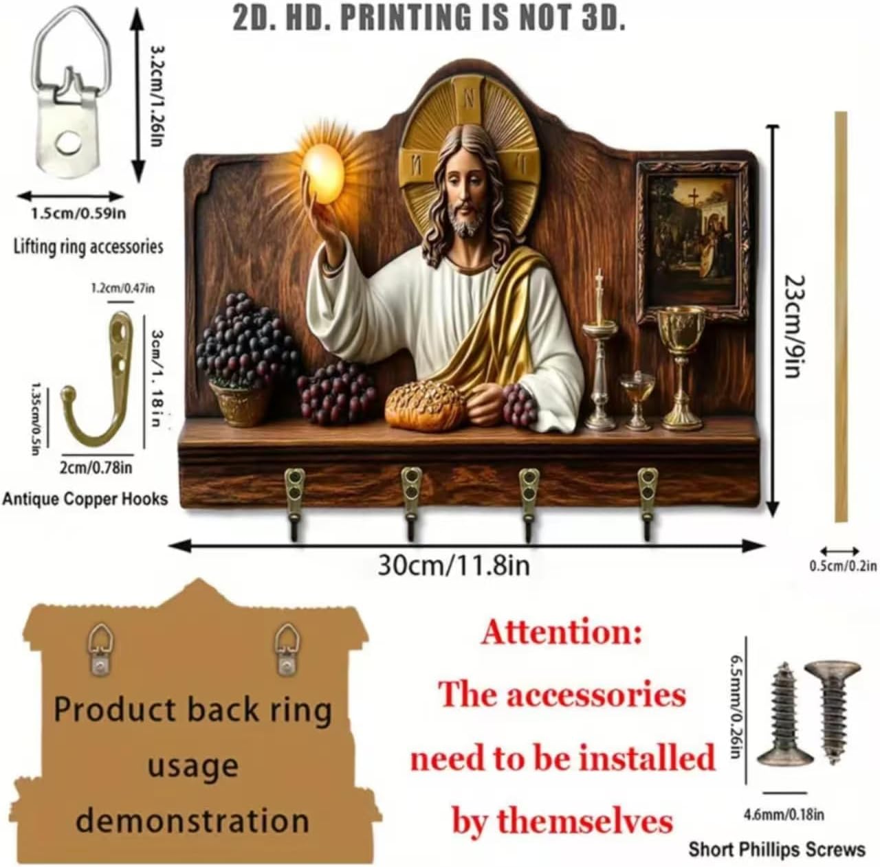 Wooden Multifunctional Home Key Holder, Wooden Keys Holder with Jesus Communion Theme, Religious Christian Home Decor Wall Mount, Multifunctional Organizer with Hooks