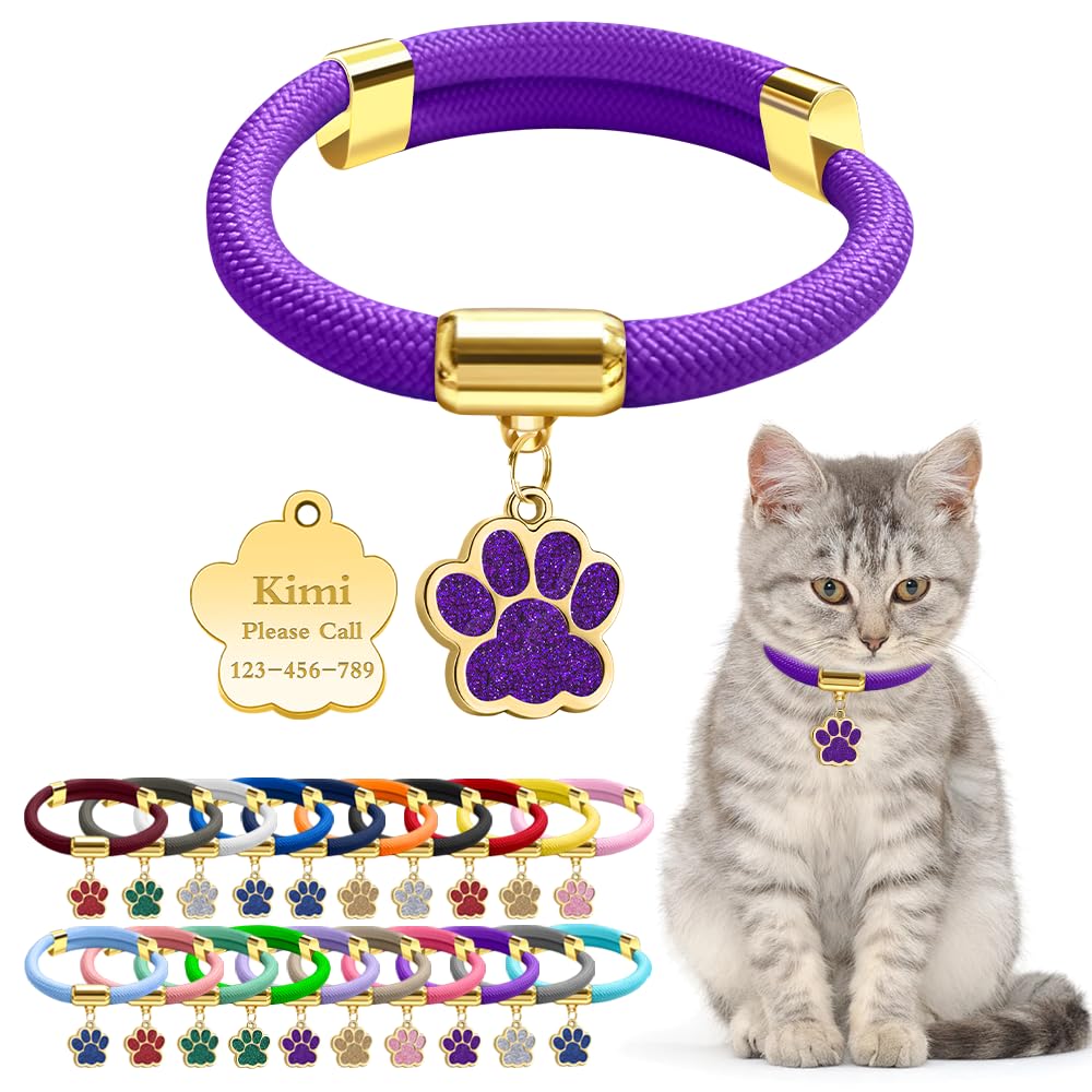 Personalized Breakaway Cat Collars with Magnetic Quick Release Buckle, Custom Engraved Name Tag for Cats (Pure Deep Purple)