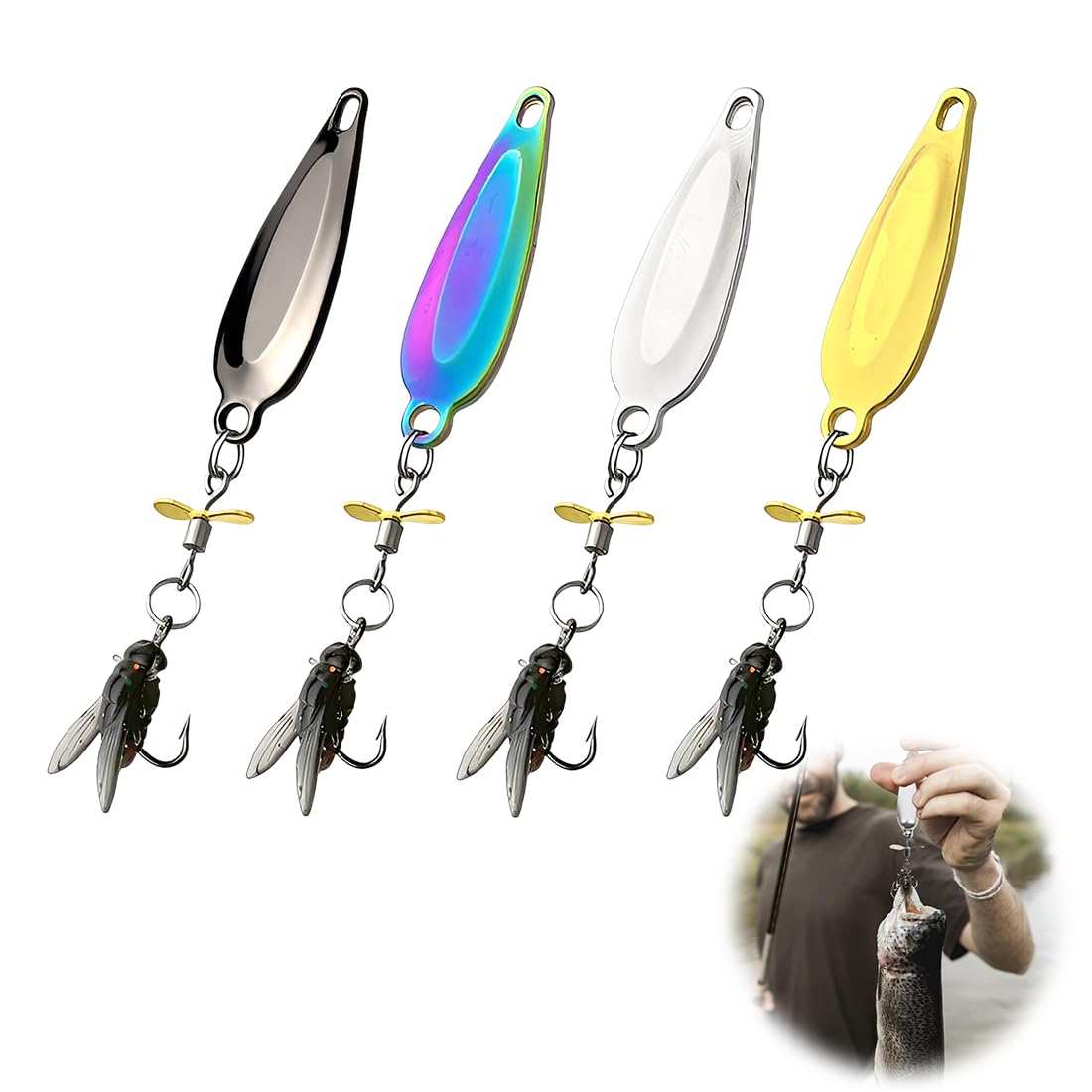Esche Da Pesca A Elica In Metallo, Set Di 4 Ami Glitterati, Esche 3D Biologiche Per Pesca Trota E Bar, Lama Rotante Per Vari Pesci