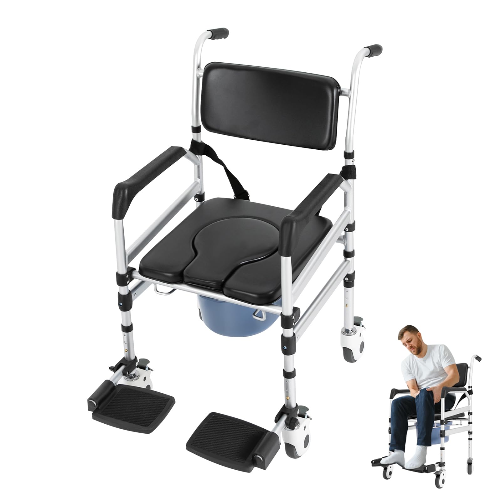 Silla de baño con ruedas para personas mayores, silla de ducha 4 en 1, hasta 160 kg, altura ajustable, 48-54 cm, silla de ruedas plegable con frenos, reposabrazos y cinturón de seguridad