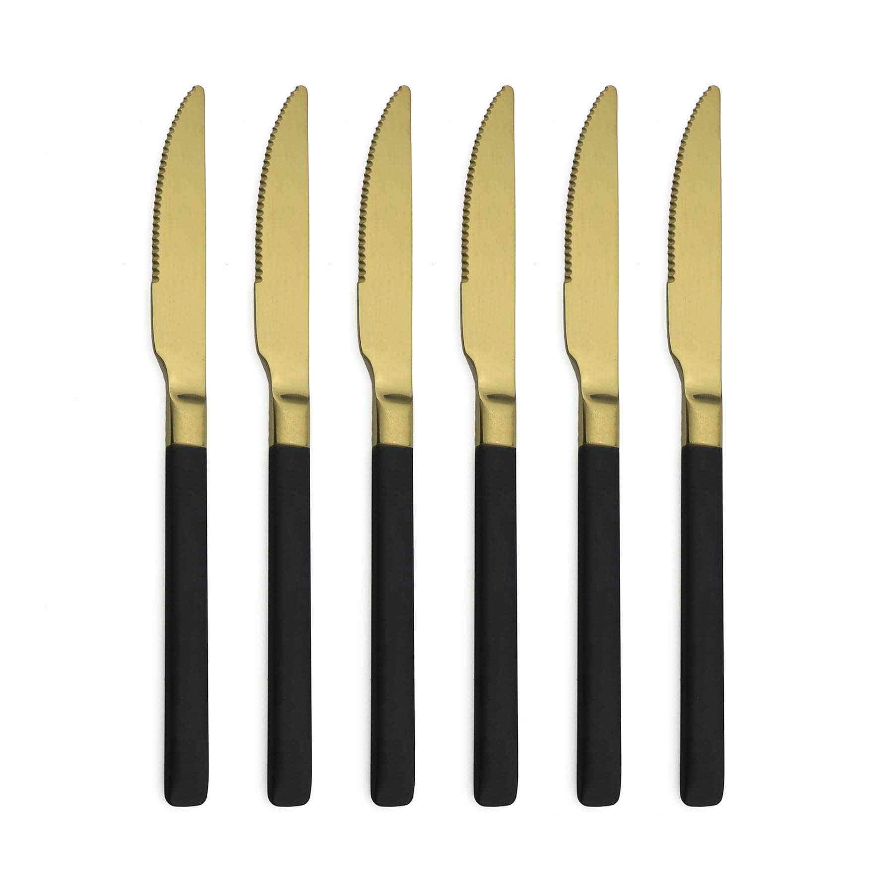 BRIIEC 6 Pieces Matte Black and Gold Serrated Steak Knife Set, 18/10 Stainless Steel Flatware Set