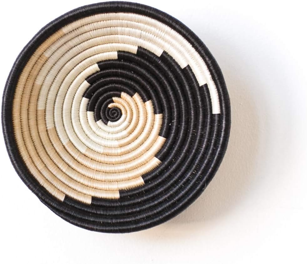 Small African Basket- Kitabi/Rwanda Basket/Woven Bowl/Sisal & Sweetgrass Basket/Light Tan, Black, White
