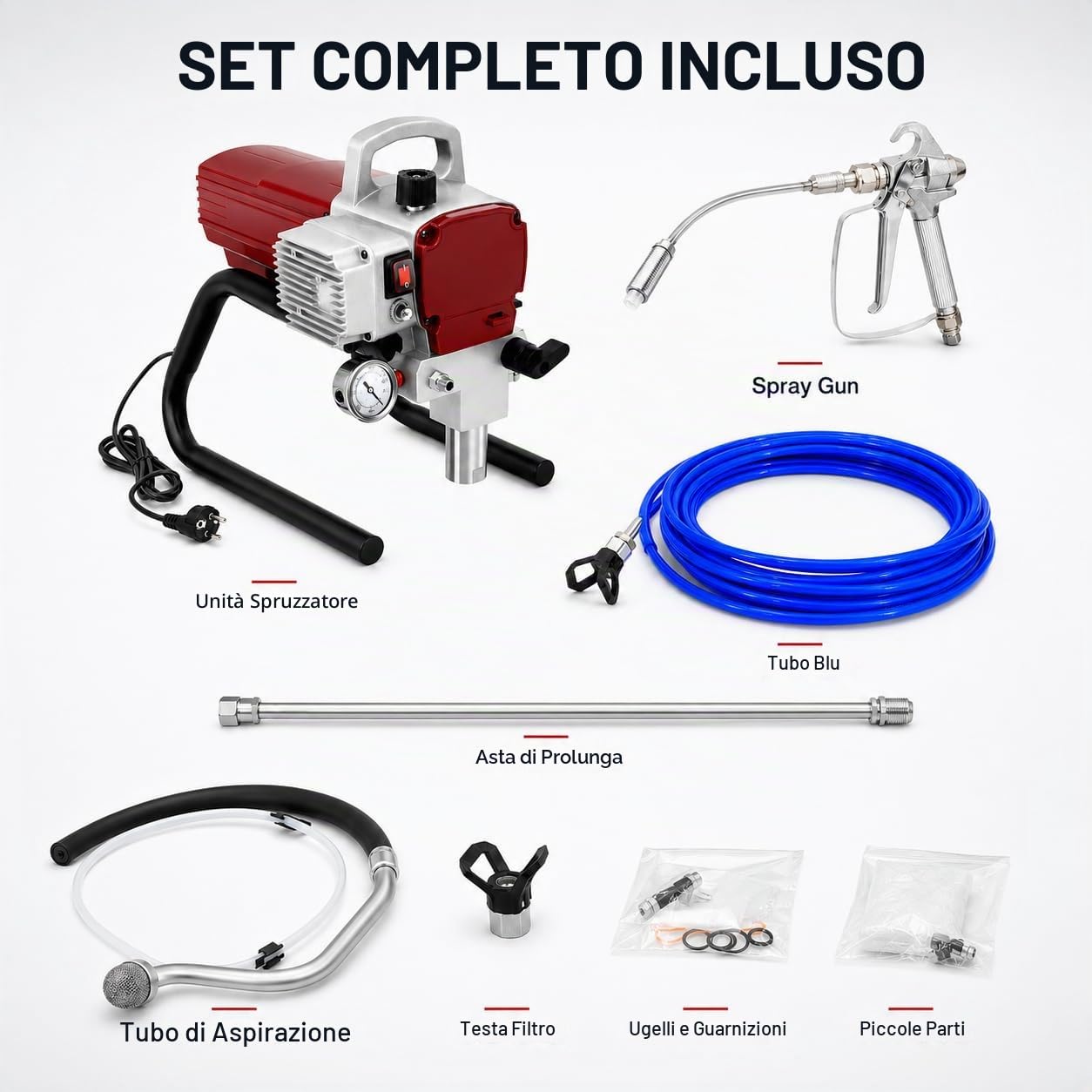 Dispositivo di verniciatura a spruzzo professionale 1,8 KW, Airless Paint 250 mm con tubo di 13 m, sistema di verniciatura a spruzzo airless ad alta pressione 1,8 l/min