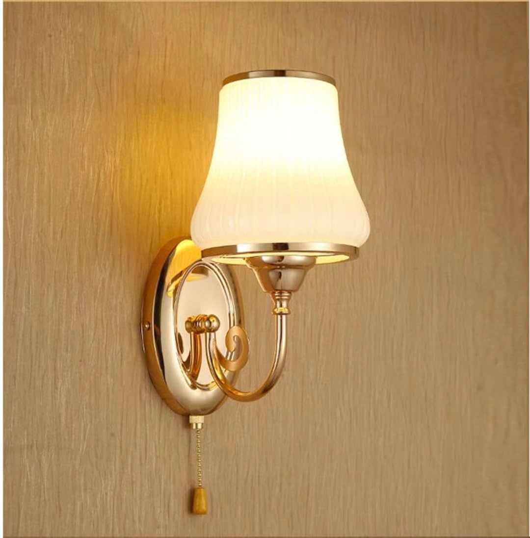 LED Wall Lamp with Pull Chain Switch Gold Metal Glass Lampshade Fashion Simple Modern Bedside Bedroom Wall Sconce
