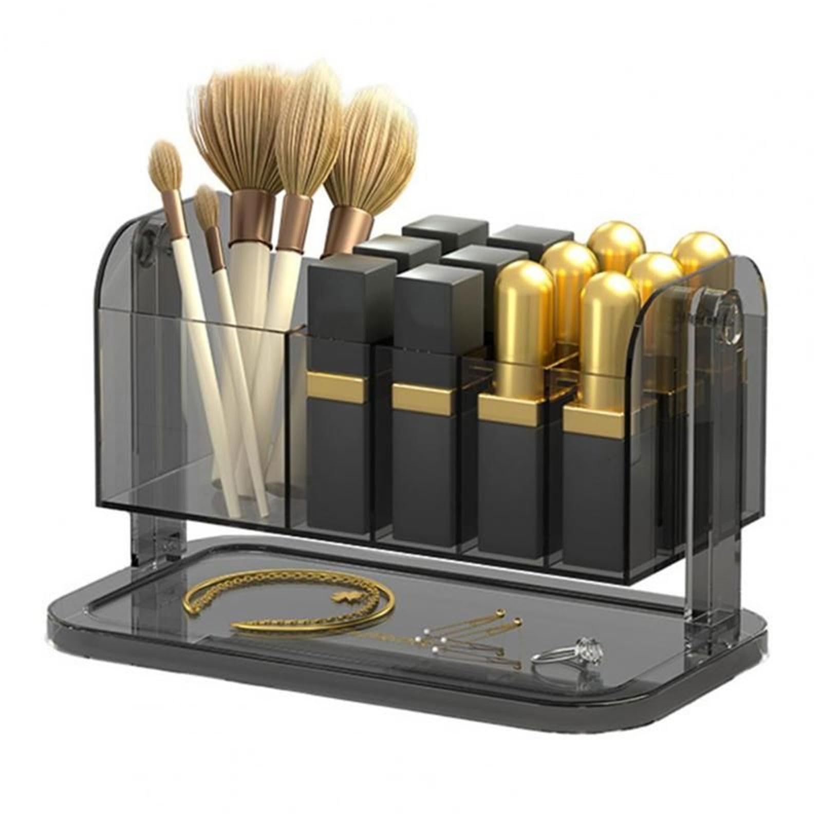 Tsophreniq Desktop Cosmetic Storage Box Makeup Brush Organizer Jewelry Lipstick Compartment Container for Bathroom Shelf Countertop Brush Storage Box with Lid