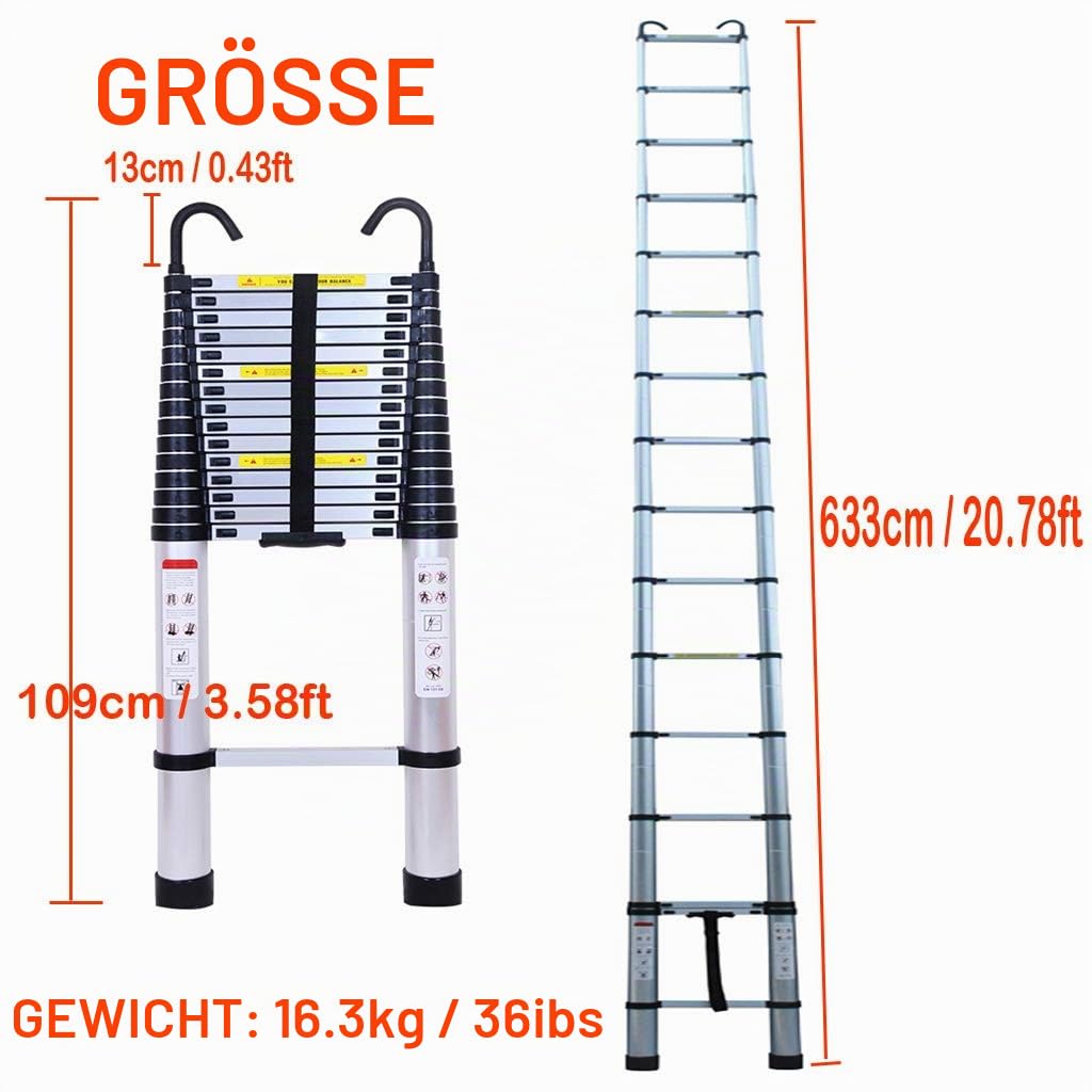 Teleskopleiter 6,2m mit Dachhaken-Kit Aluminium Klappbare Leiter Dachleiter mit Dachhaken 600cm Telescoping Attic Ladder EN 131 Zertifikat (16.3kg), 15 Stufen, Belastung 150kg/330lbs