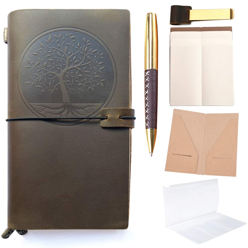 Sovereign-Gear Refillable Leather Journal, Tree of Life Embossed Travellers Notebook | 8.5 x 4.5 Leather Travel Journal with 5 Inserts | Travel Diary Planner for Women TN Standard Notebooks
