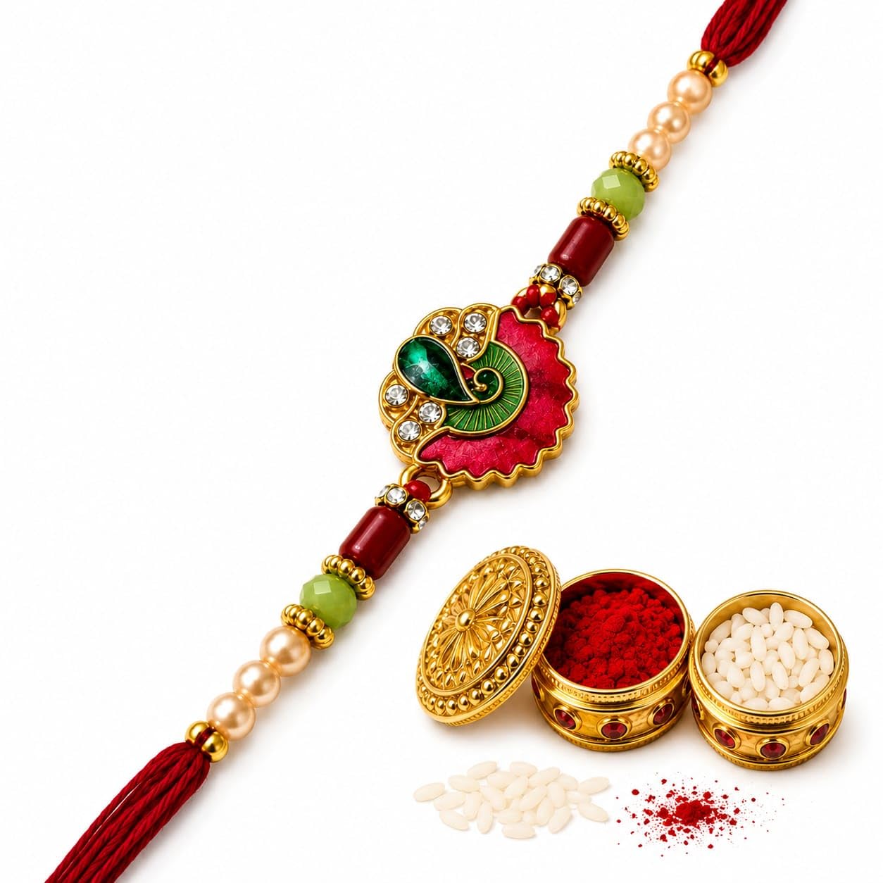 Peacock Feather Rakhi combo set with Red Thread and Gold-Tone Metal with tilak set-image-19