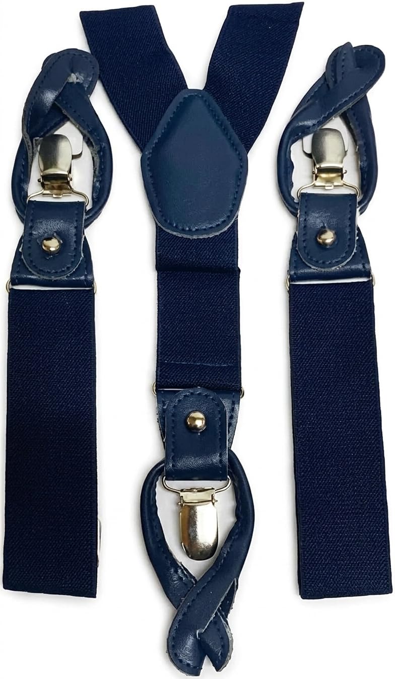 L&L® Mens Suspenders Braces with Clip & Syntheti Leather Button ON Strong 3.5 cm Wide (Navy)