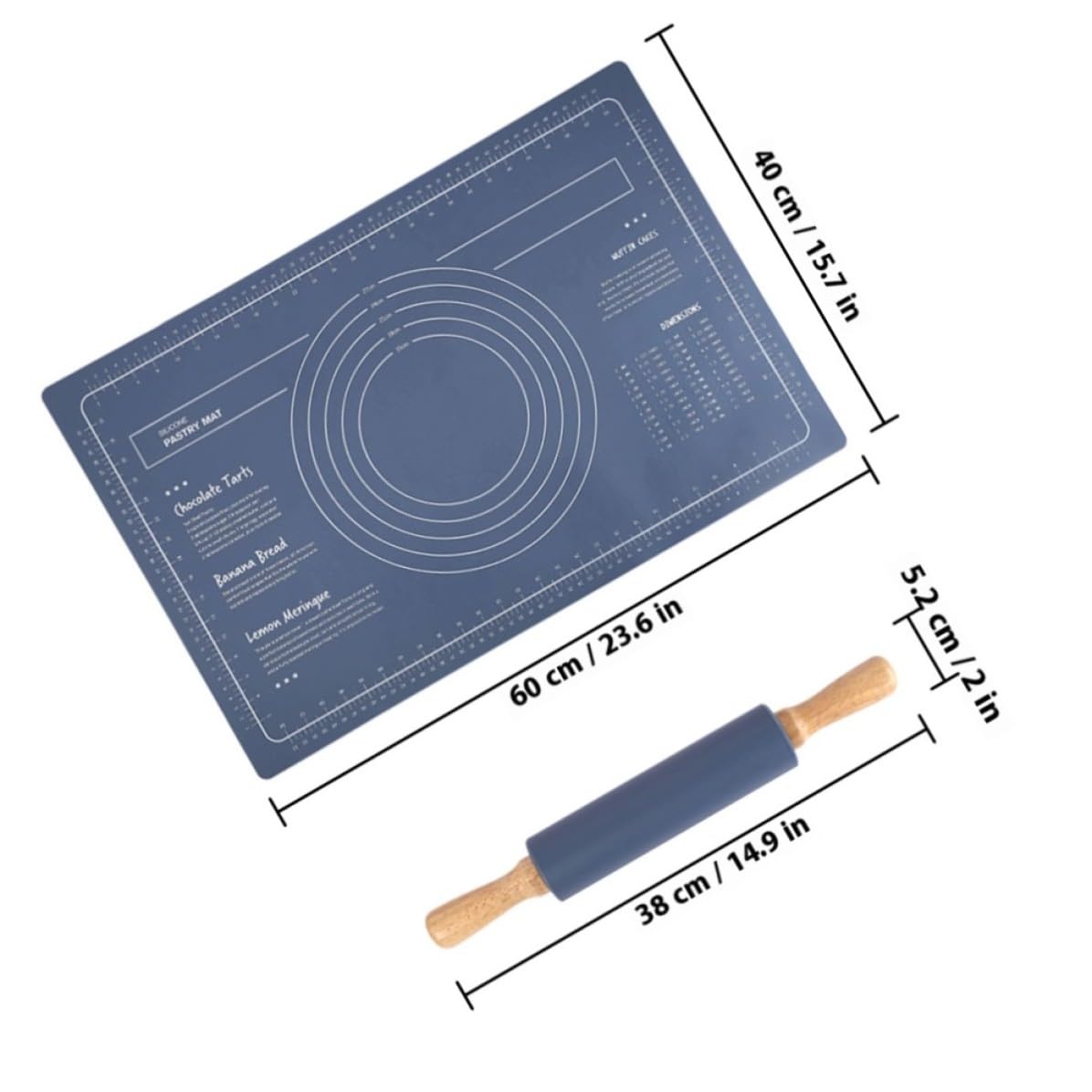 Artibetter Tapete de Silicona para Amasar Pan Antideslizante Rodillo de Madera, Estera de Masa Reutilizable para Pizza y Repostería, Superficie Lisa Azul