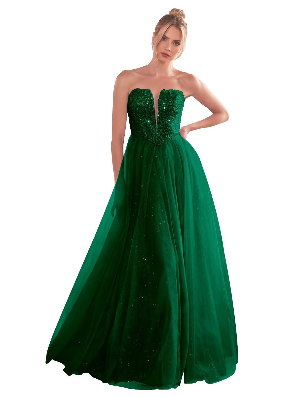 Sparkly Sequin Tulle Prom Dress Long for Women Beaded Strapless Corset Backless Formal Gowns