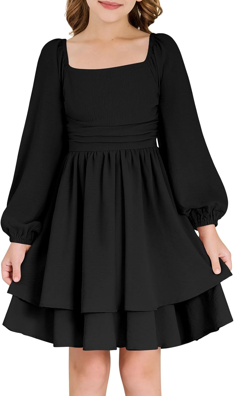 Girls Fall Dress Long Sleeve Dresses Smocked Ruched Square Neck Tiered Flowy Casual Formal Tween Dress 5-14 Years