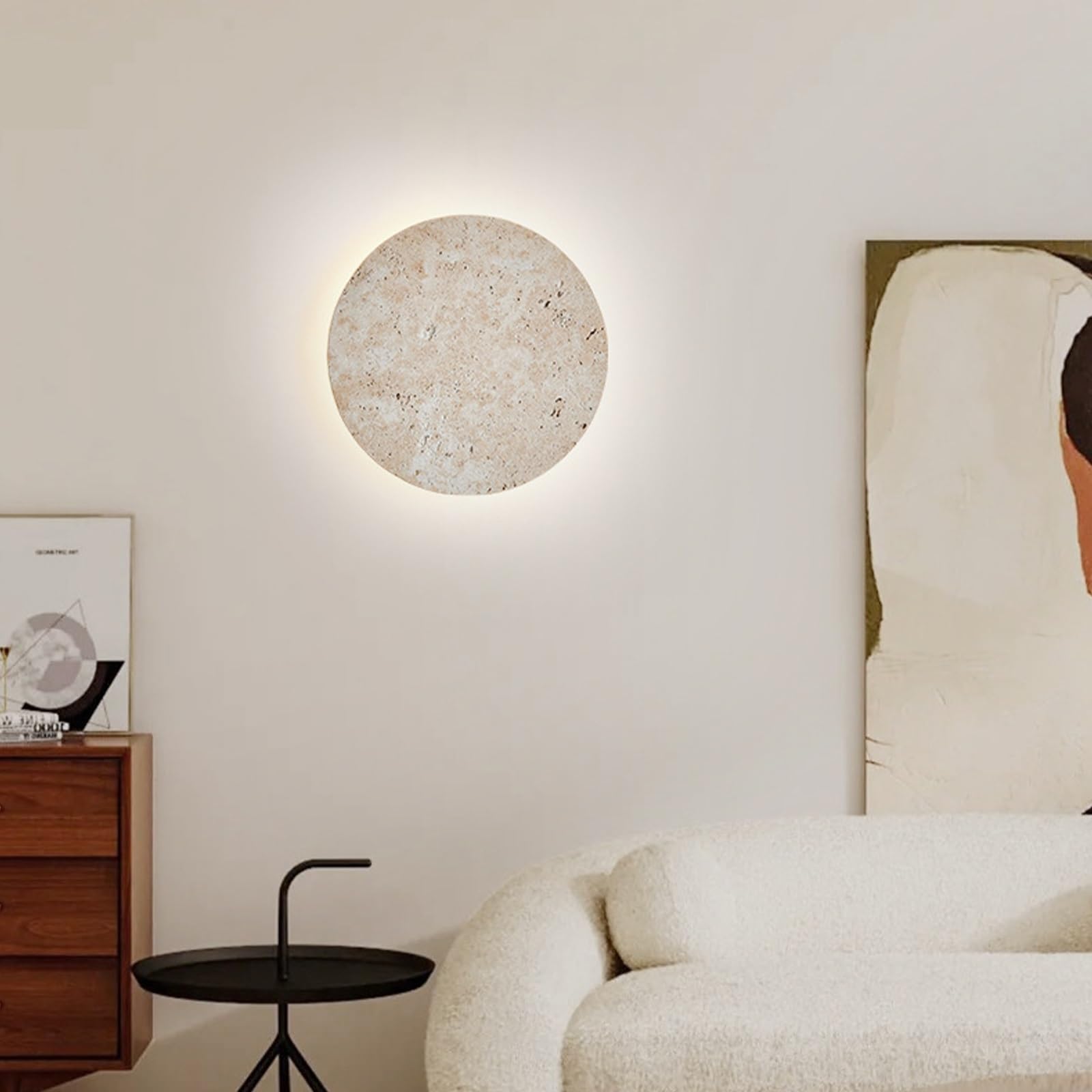 Styl skandynawski lampa ścienna z kamienia naturalny żółty trawertyn abażur kinkiet ścienny okrągły kryty wewnętrzne kinkiety do salonu jadalnia korytarz gabinet dekoracja oświetlenia domu(4000K)