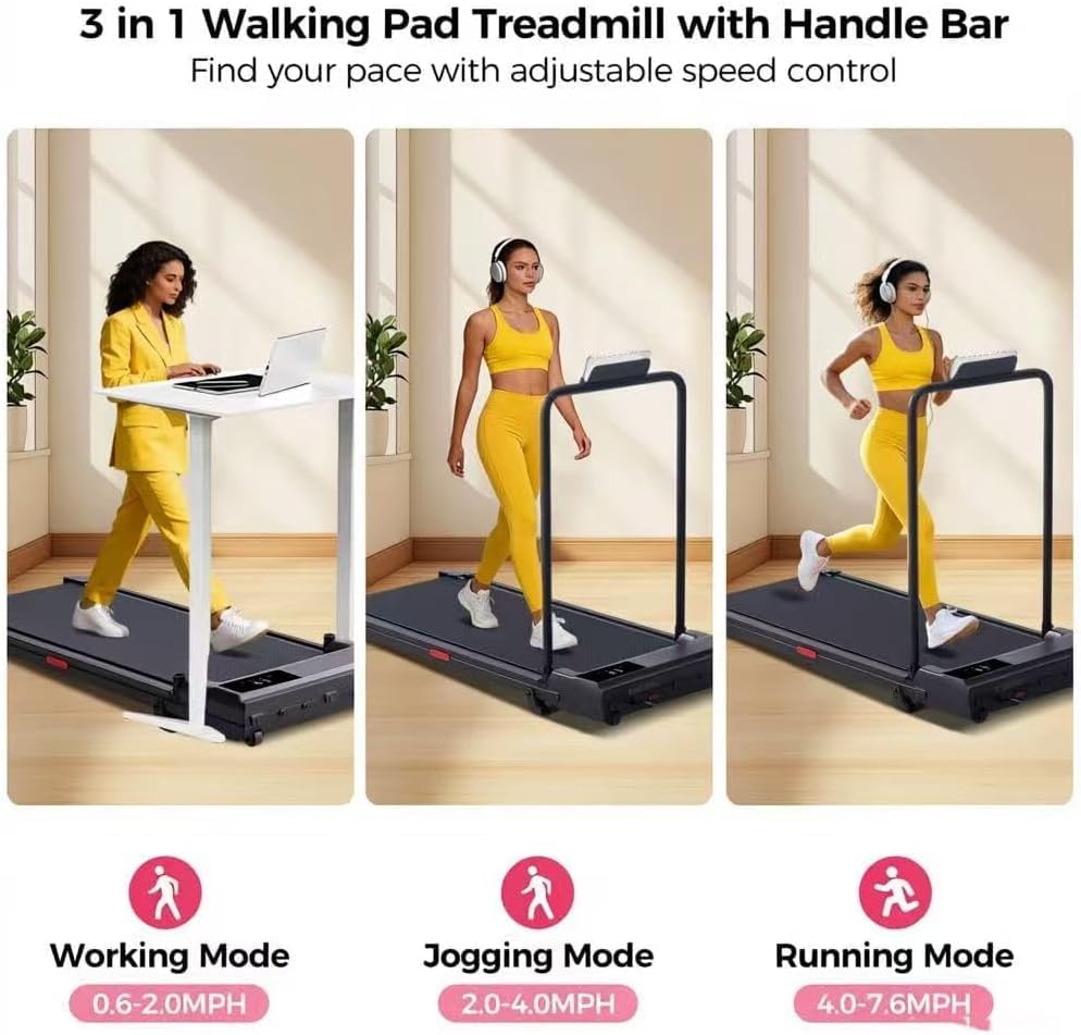 Image of Walking Pad with Handle Bar, 2026 Upgrade Small Walking Pad Treadmill for Home, 3.0HP Portable Under Desk Treadmill with Handles for Home Small, 0.6-7.6MPH, 350LBS