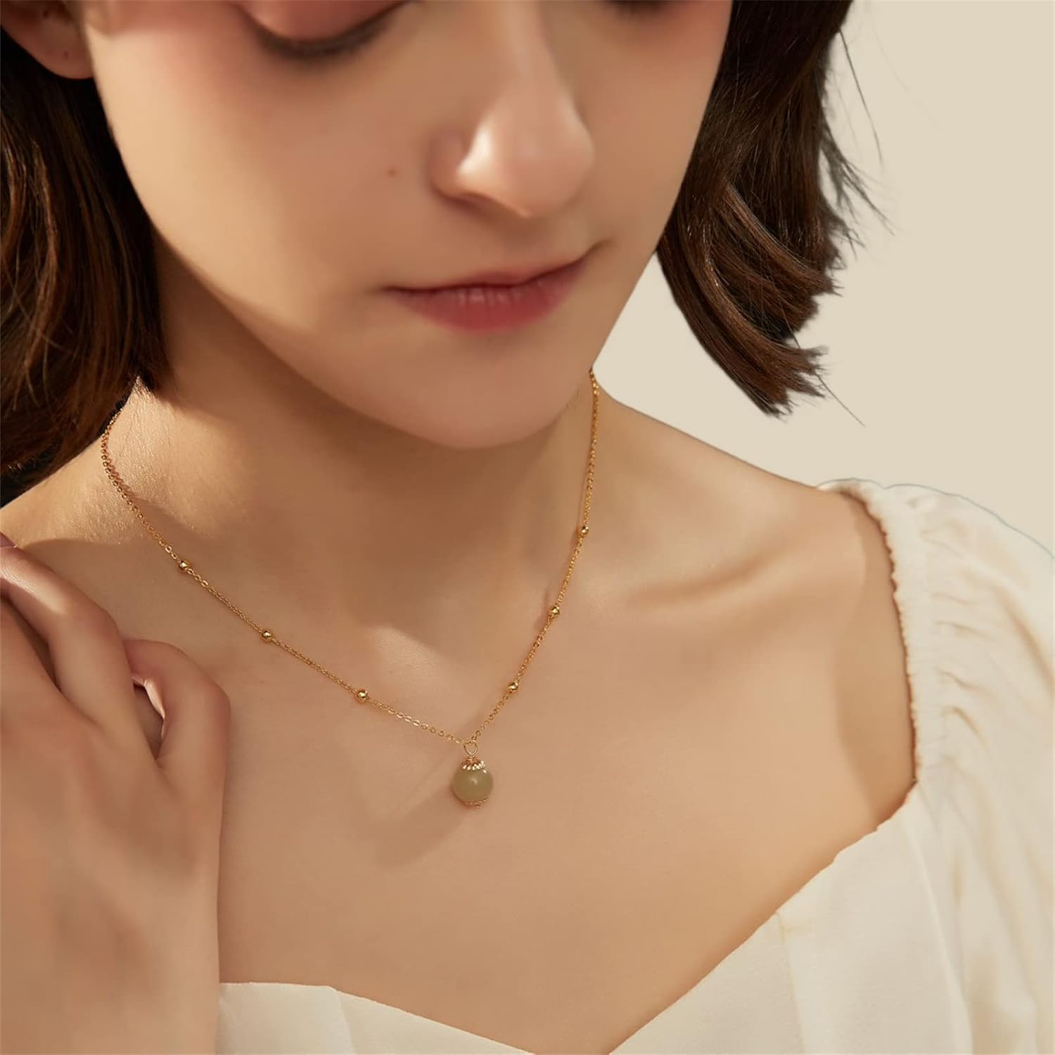 Natural Hetian Jade Bead Necklace, Green Jade & Gold Beads Choker, Adjustable Choker Necklaces, Good Luck Gift for Friends Mother Lover Her - Image 3