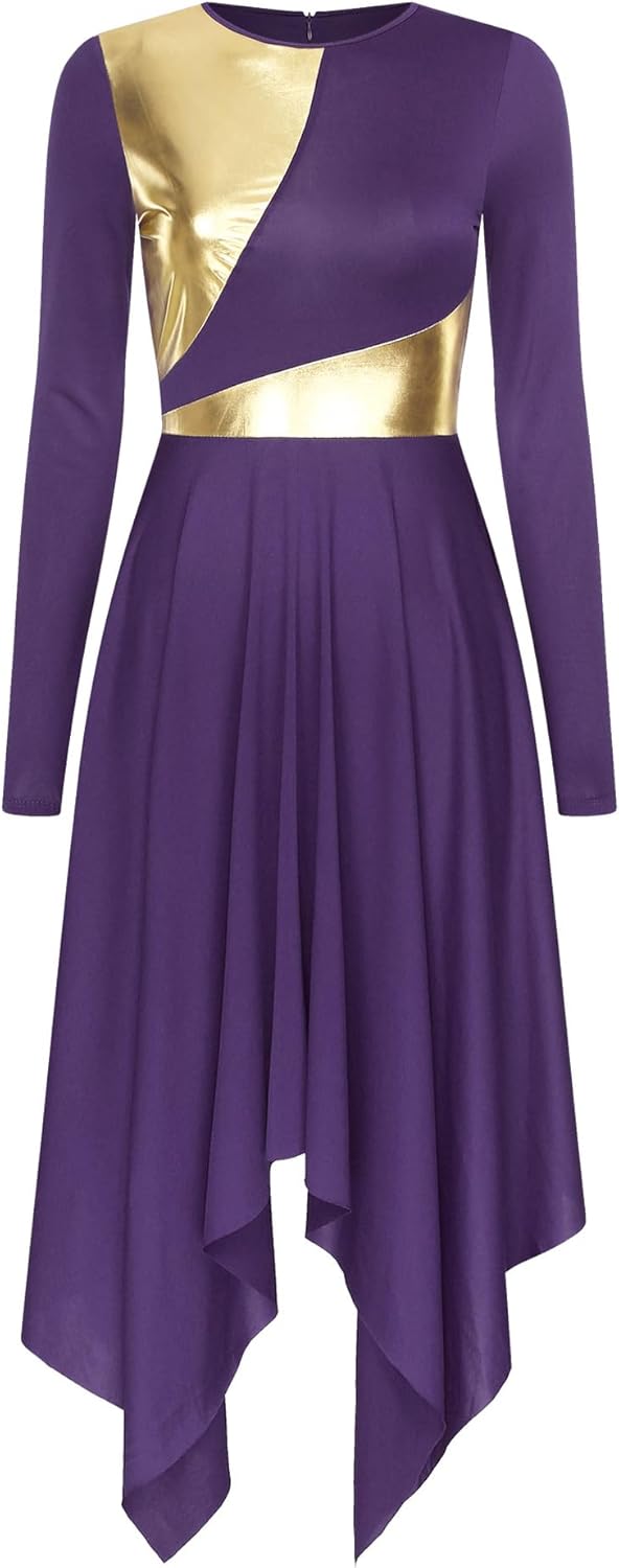 Linjinx Womens Lyrical Dance Dress Irregular Hem Metallic Patchwork Dress Worship Praise Dance Tunic Overlay Costume