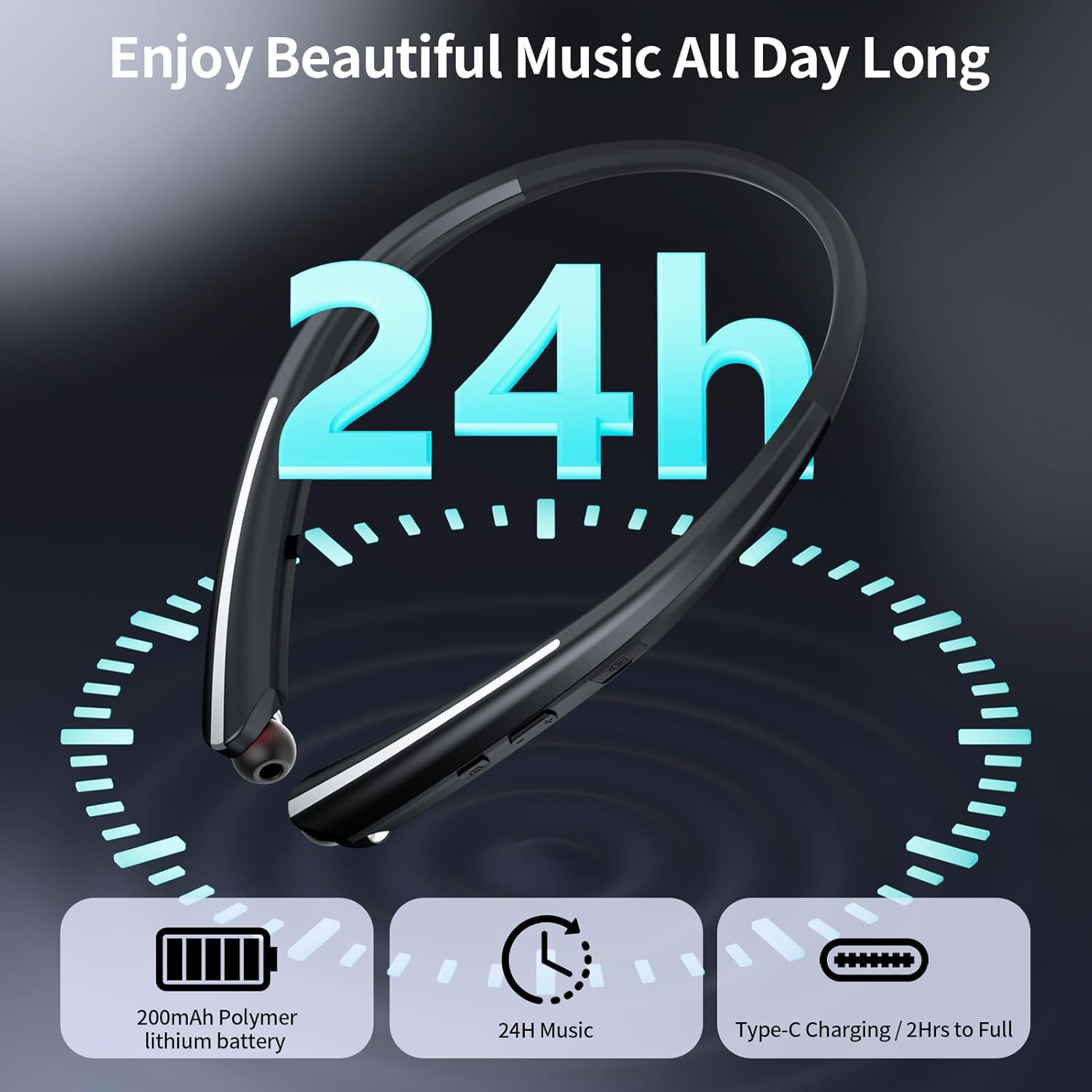 Neckband Bluetooth Headphones, Retractable Headset with Mic, Wireless Earphones Vibration Call, Stereo Noise Cancelling Earbuds for Sports, Running, IPX5 Sweatproof (Black) - Image 3