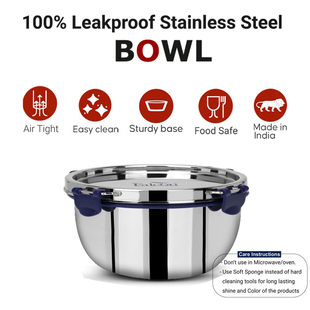 PDDFALCON Stainless Steel EcoNxt Bowl,100% Leakproof BIS Certified, Jindal Seal & Made in India Blue 1800ml and 2800ml (EcoNxt Small Bowl 1800ml) 2