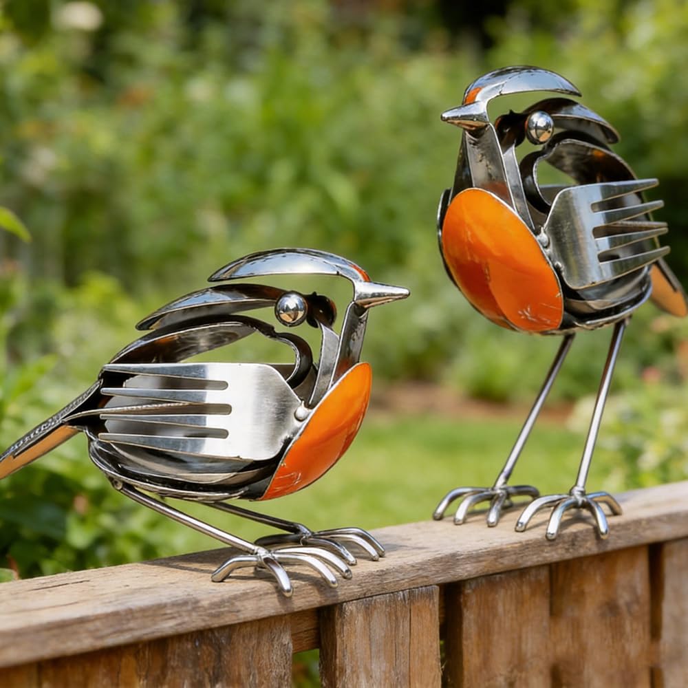 Metal Robin Garden Ornament, 2026 New Robin Bird Scrap Metal Art Sculpture, Handcrafted Bird Statue, Rustic Red Chest Bird Statue, Garden Ornaments Outdoor for Garden, Patio, Office Desk (2PC)