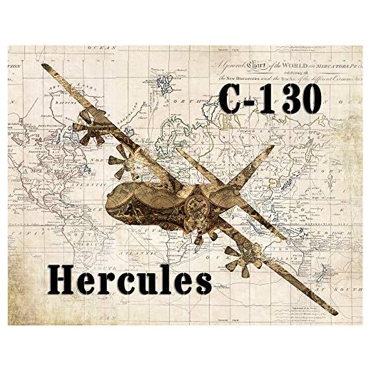 C-130 Hercules wall art print, vintage world map background, military aviation, not framed