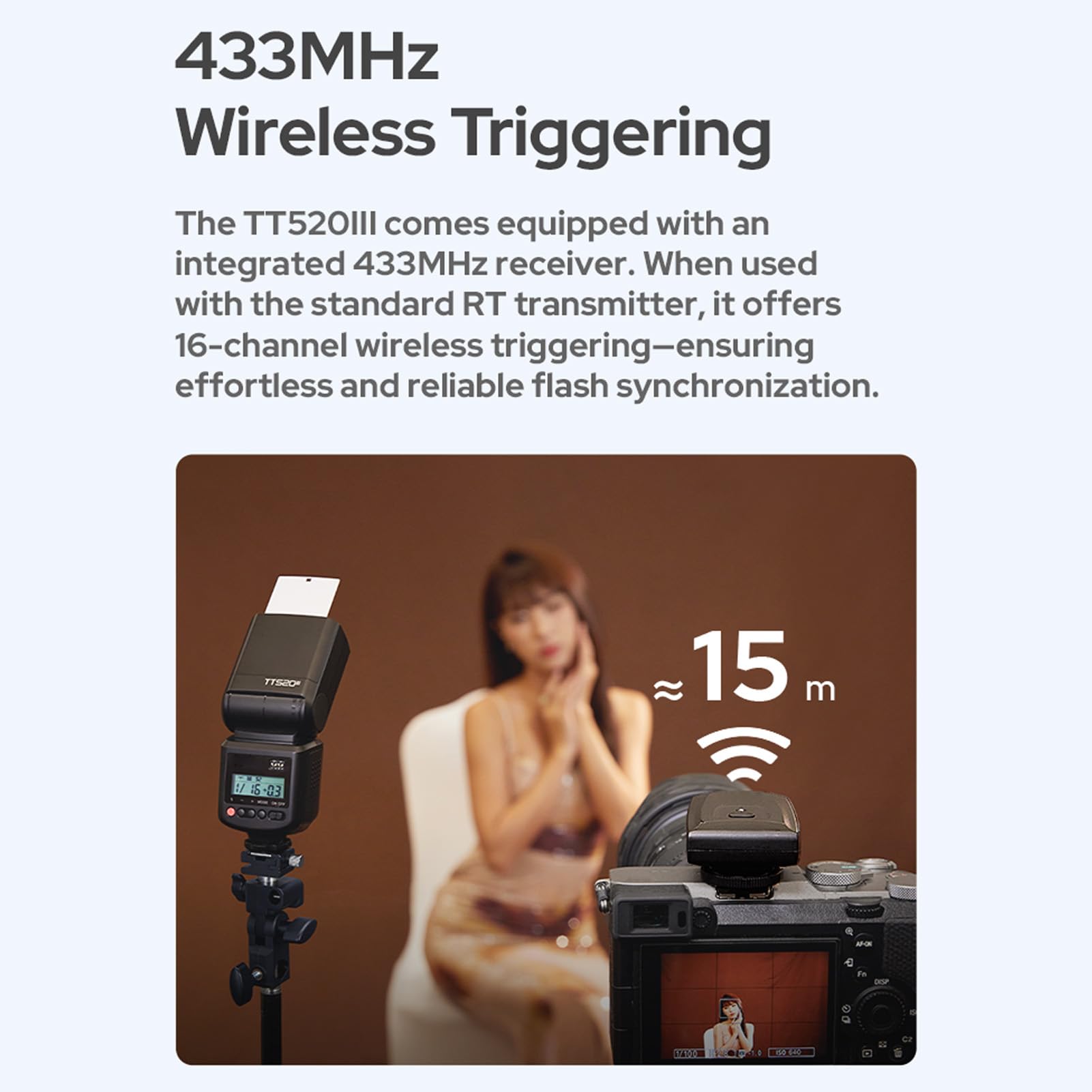GODOX TT520III Flash Fotocamera con Ricevitore 433 Mhz, Hotshoe a contatto singolo, 8 livelli di potenza compatibile per Canon Sony Nikon Fuji Panasonic Olympus