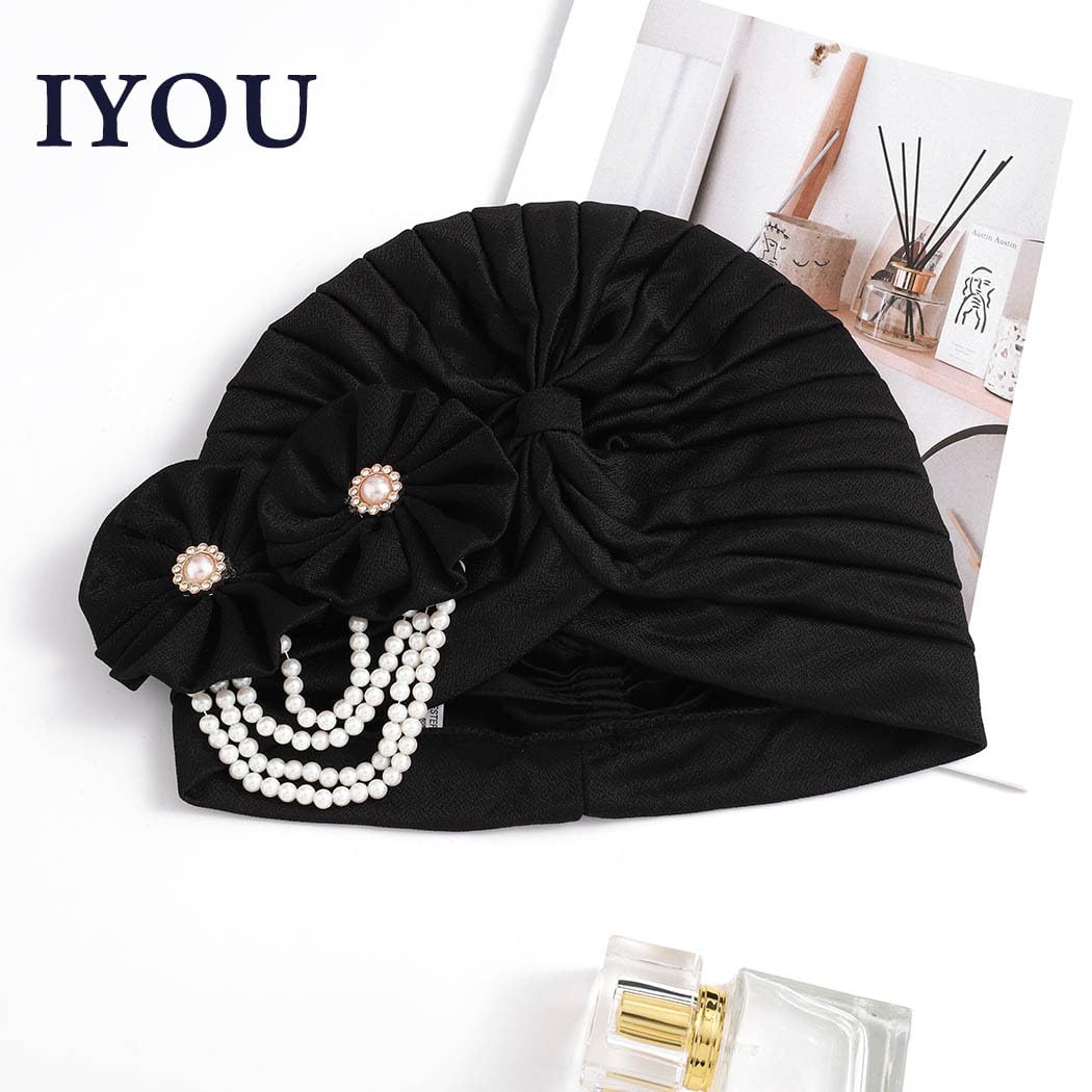 IYOU Flower Afrcian Head Wraps Black Floral Turban Headband Pearl Tassel Beanie Cap for Women - Image 2