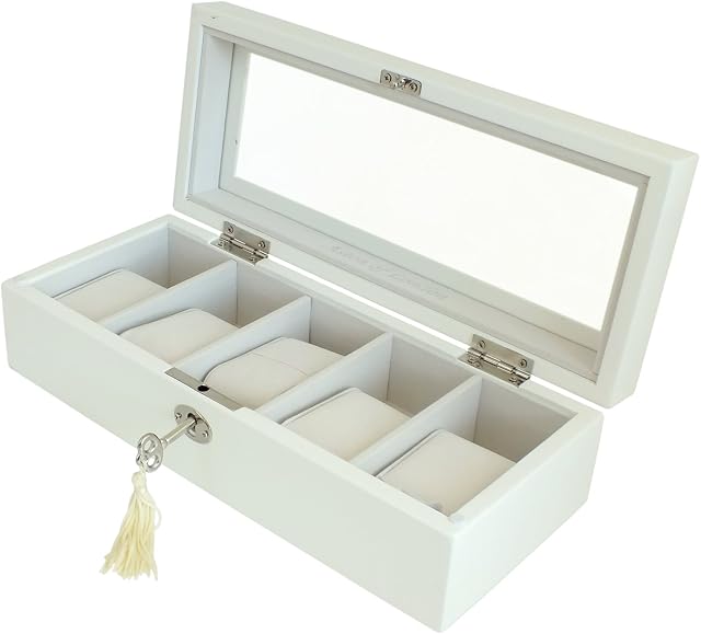 Astin of London Luxury White Wooden 5 Watch Display Case Lockable Storage Box