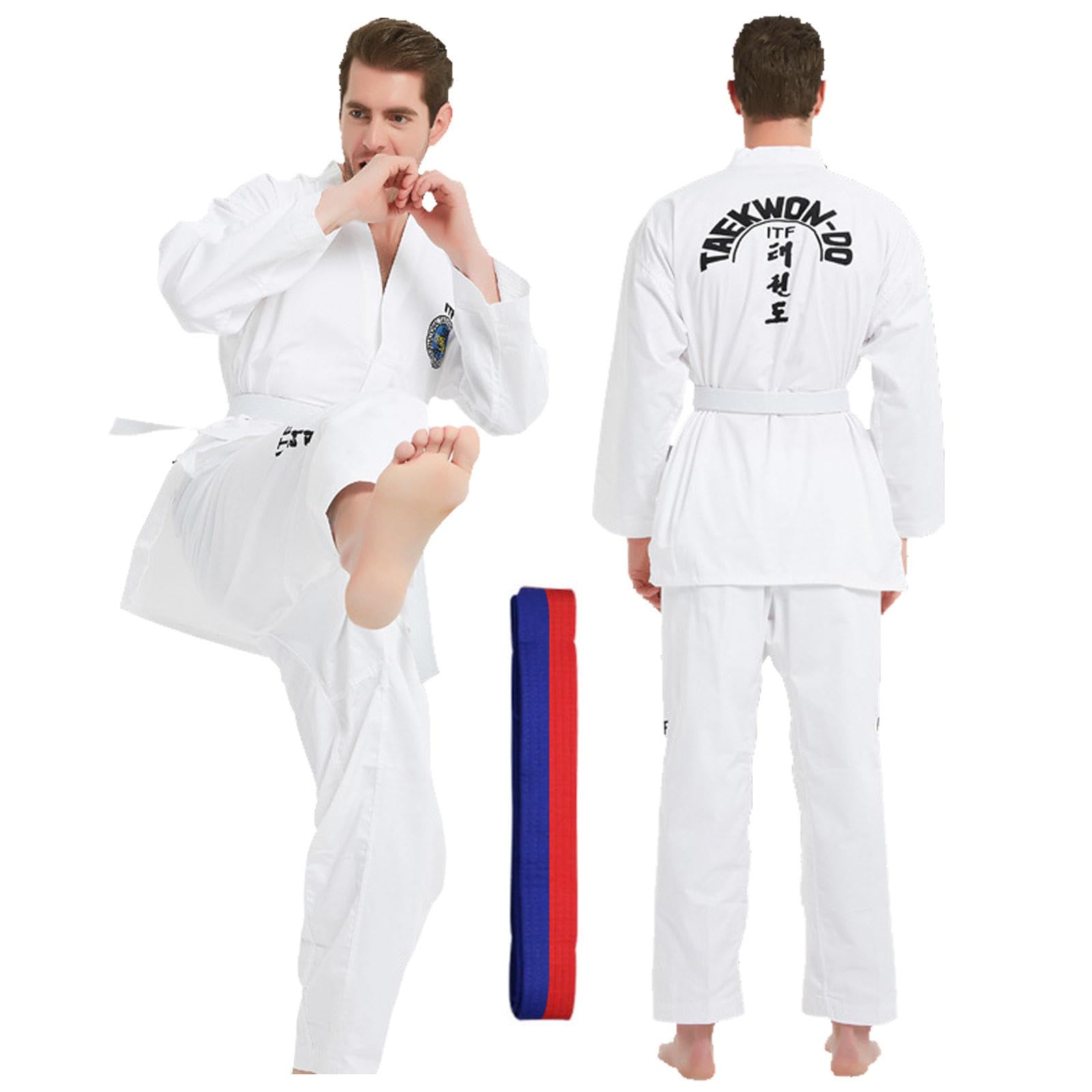 CHUIKUAJ Kimono da Karate per Adulti, Uniforme da Taekwondo Professionale con Ricamo e Cintura, Kit Leggero per Arti Marziali, Tuta da Judo per Bambini,White-150