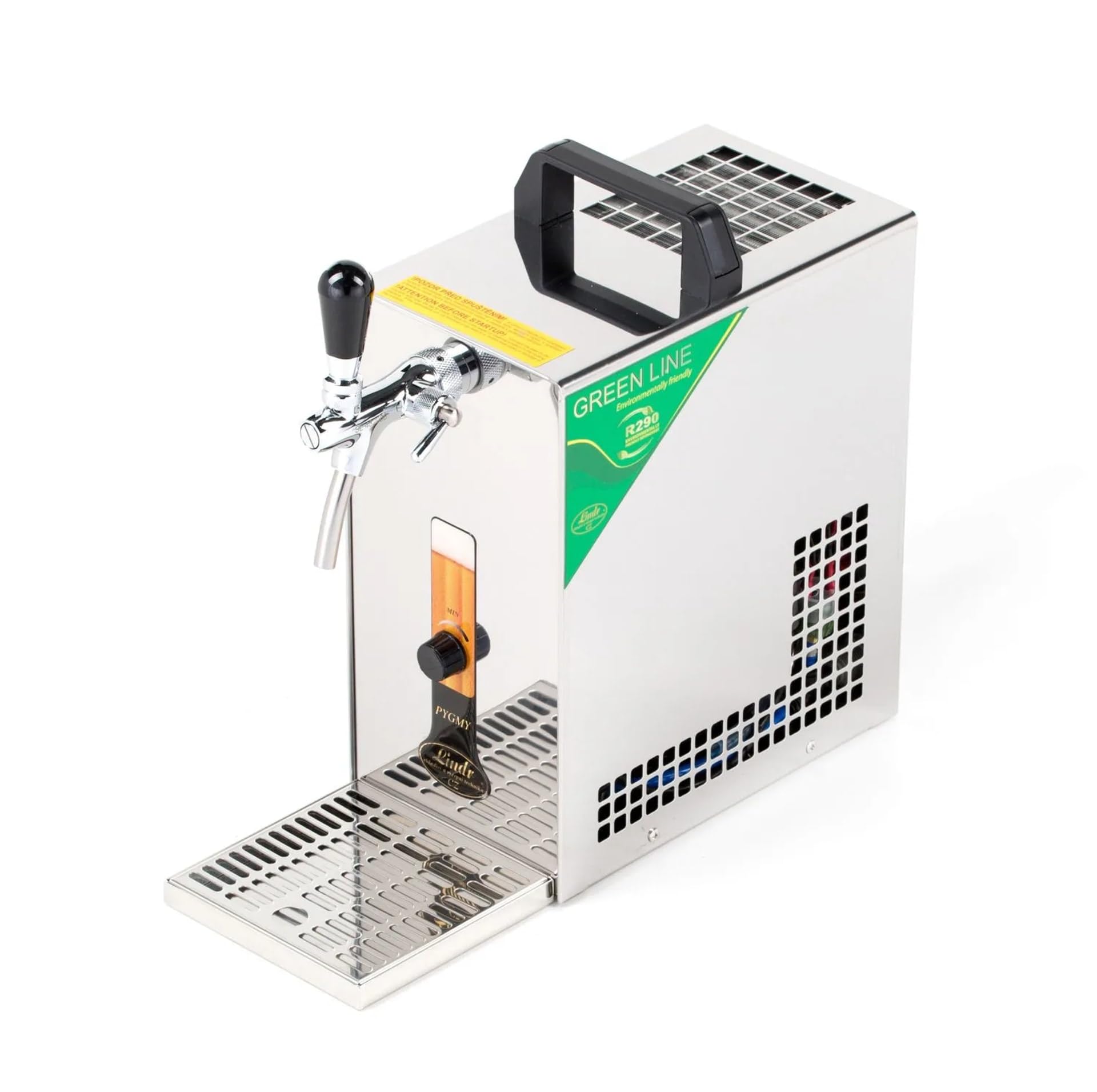 Untertheken Komplett Set - Bier Zapfanlage, Bierzapfanlage PYGMY 25/K mit Membranpumpe, 1-leitig Trockenkühlgerät aus Edelstahl, 35 Liter/h, inkl. Schanksäule, Green Line, Set 4 Zapfköpfe