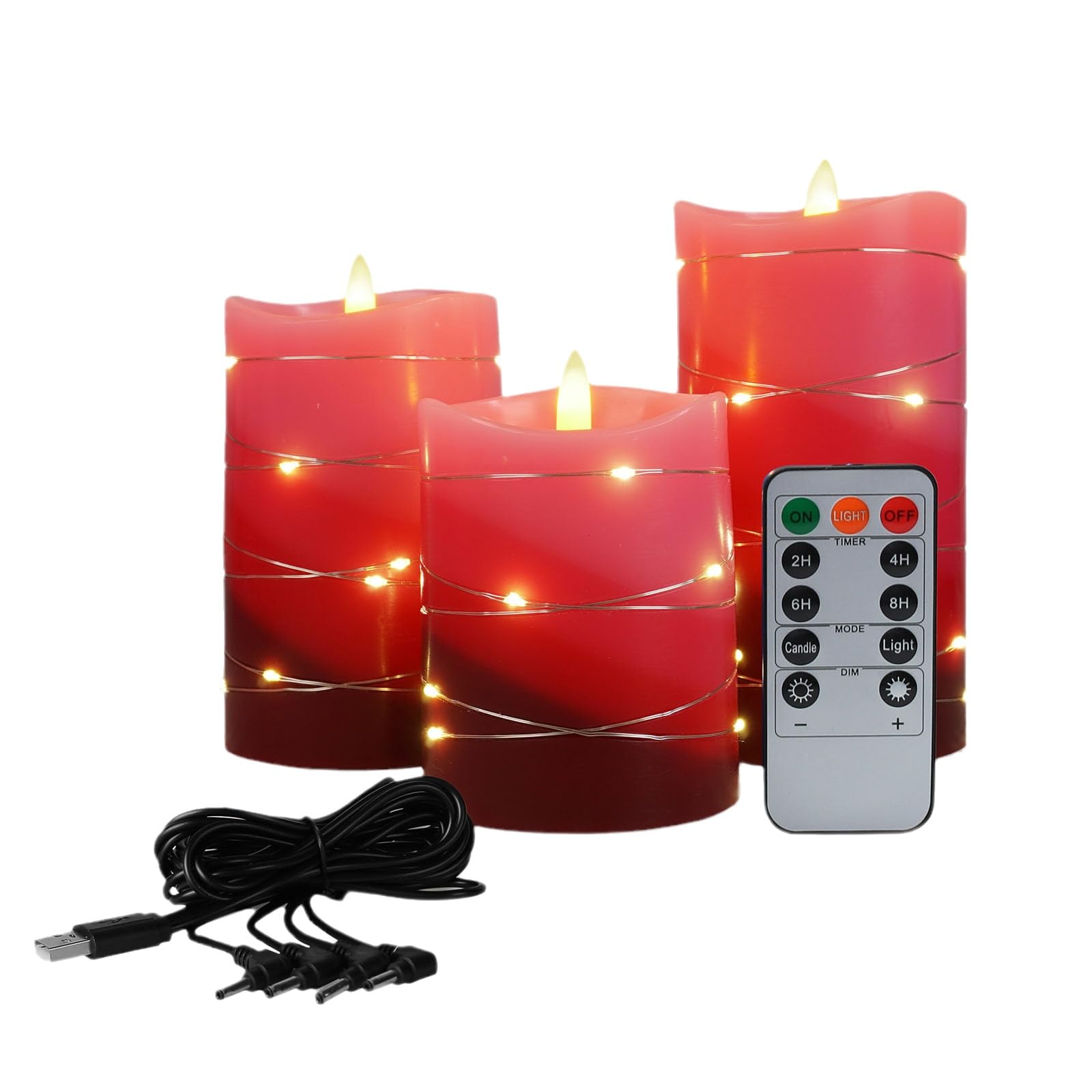 Flameless candle rechargeable embedded light string LED candle USB powered candle 11 key remote control electronic candle and timer function flashing flame candle light 3-piece set (Gradient Red)