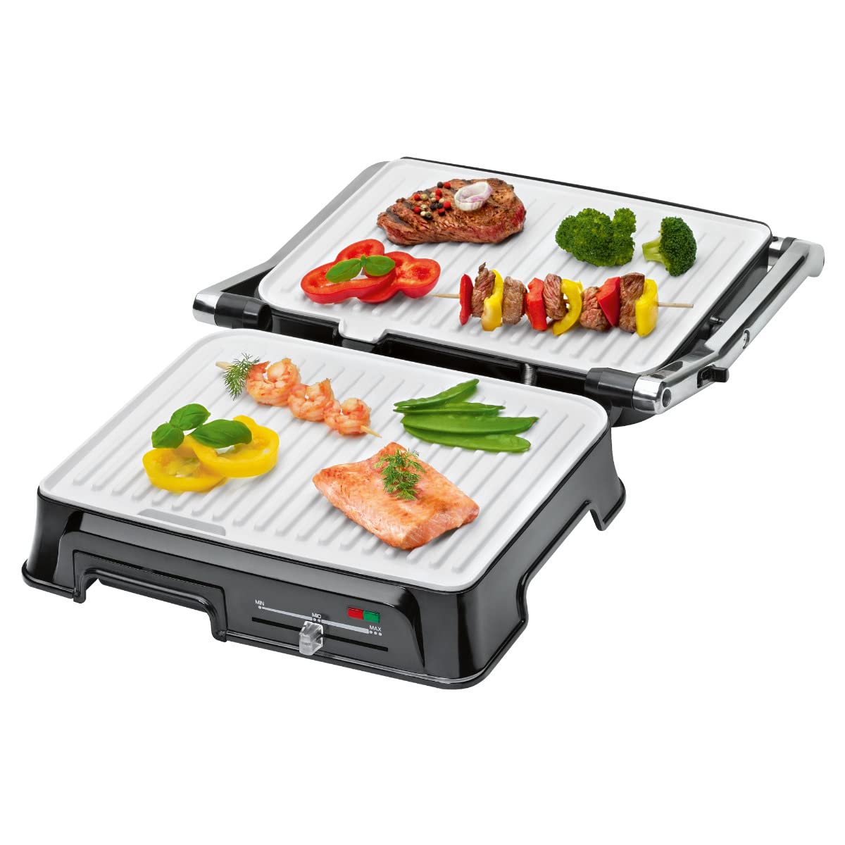 Clatronic KG 3571 grill kontaktowy do dwustronnego grillowania, 2000 W, obudowa ze stali nierdzewnej, krótkie czasy gotowania, rynna odpływowa tłuszczowa i tacka zbierająca, kolor srebrny