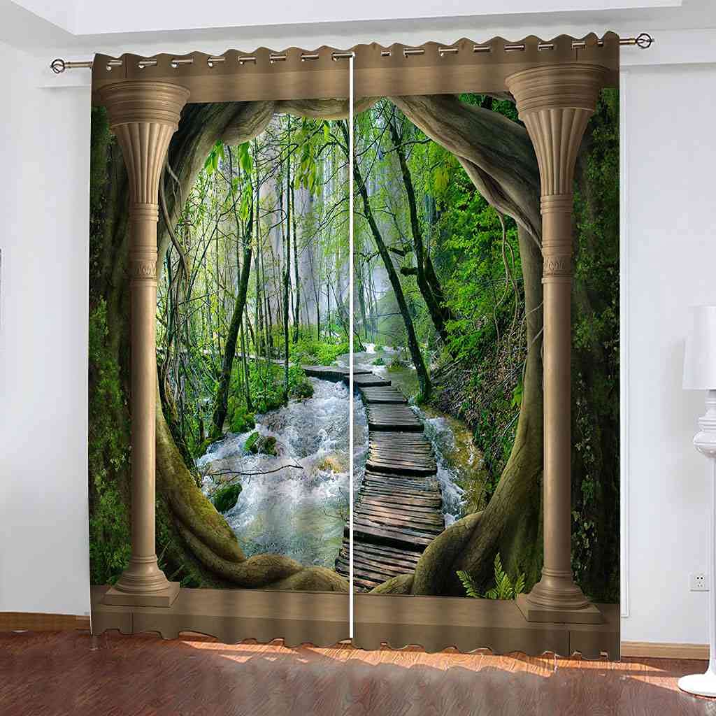Rideaux pour chambre d'enfants et cuisine motif rivière de pont en bois de forêt