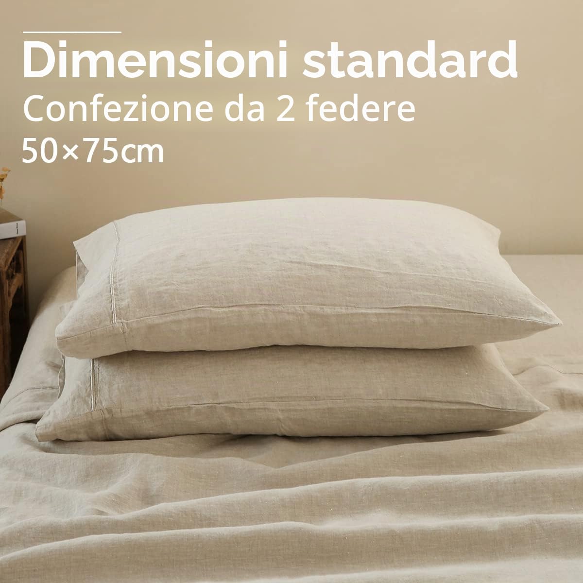 Simple&Opulence 100% Pietra Lavata Federe Bianche in Lino, 2 Confezione da con Filo Ricamato, Dimensioni Standard 50X75 cm (50cm x 75cm, Biancheria)
