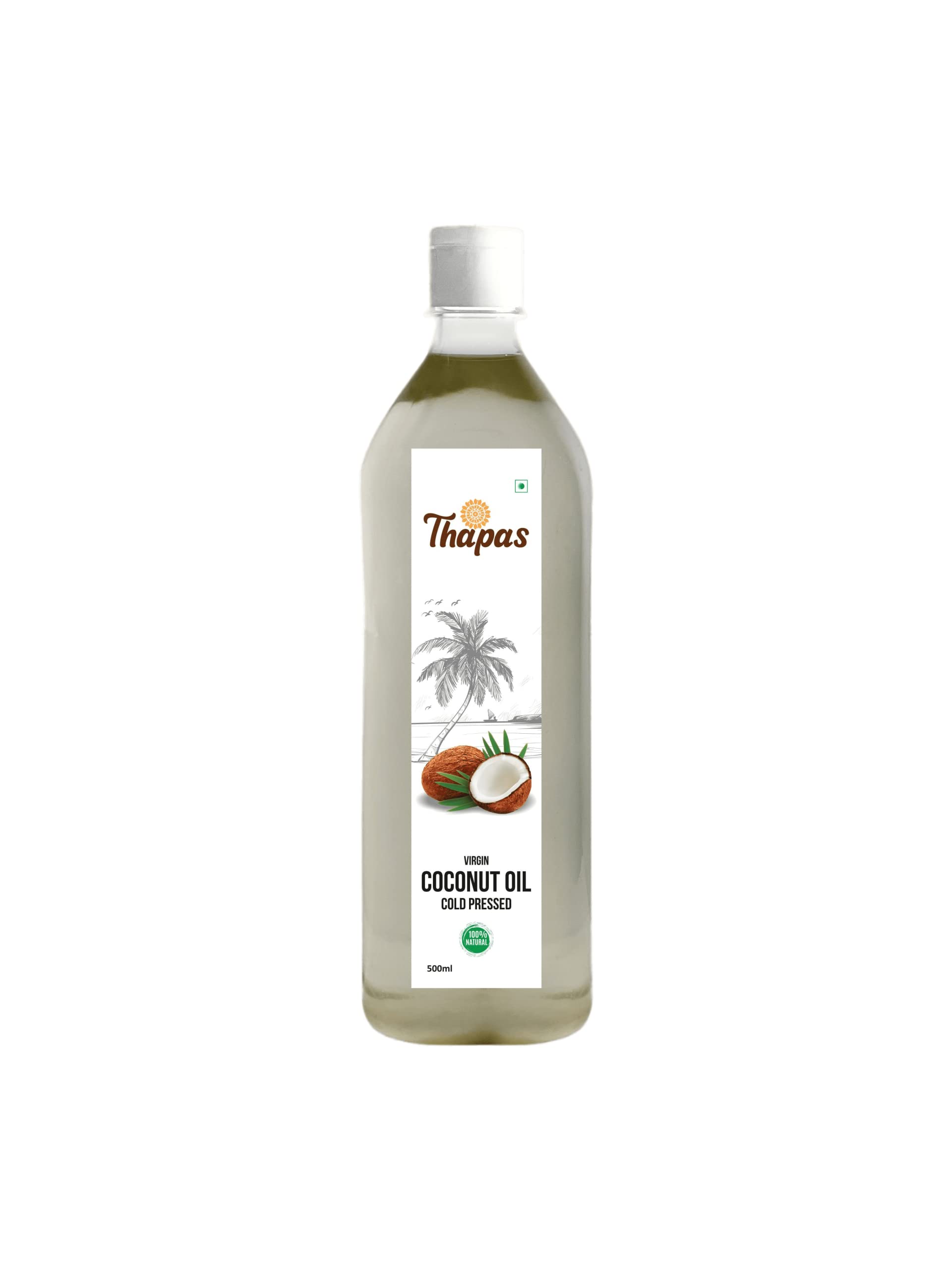 Thapas Cold Pressed Virgin Coconut Edible Oil 100% Pure For Babies and Adults Message, Skin and Hair(500ML)