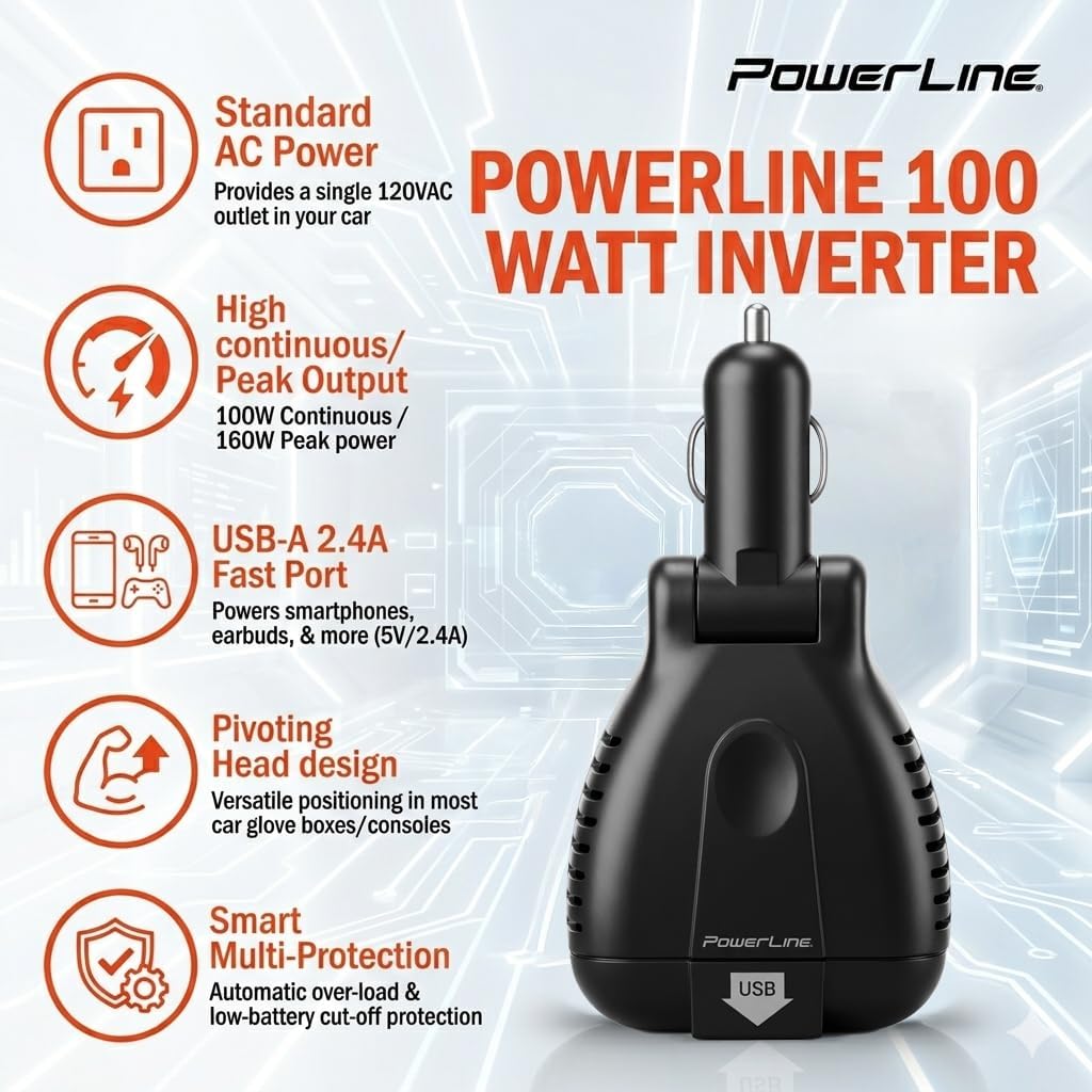 PowerLine 100 Watt Vehicle Power Socket DC/AC Inverter Including USB-A High Power Port (2.4A)