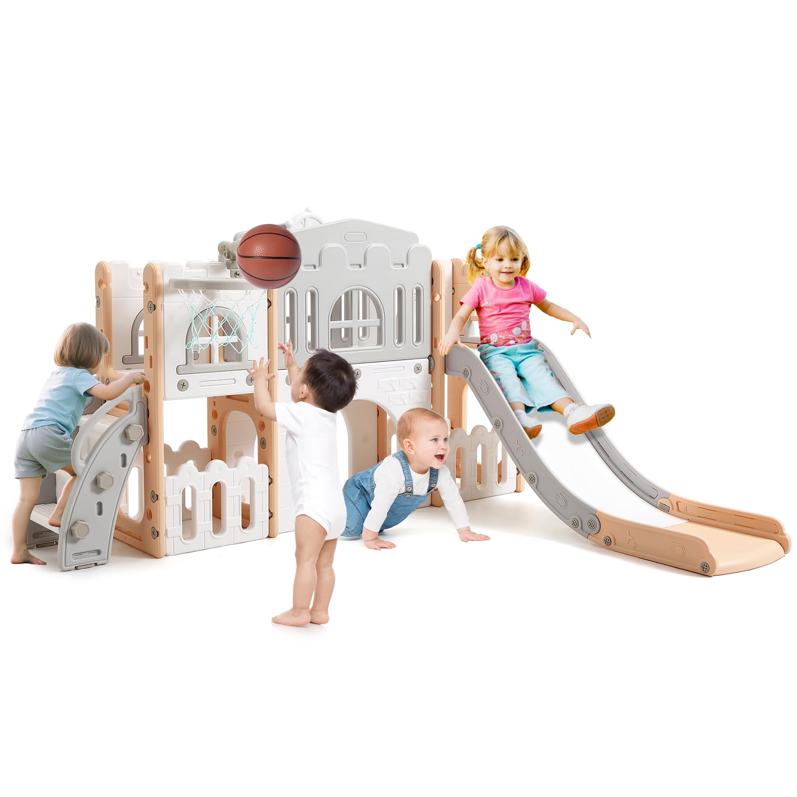 Tobogán Infantil 8 en 1 con Cesta de Baloncesto,Grandes Toboganes Infantiles Exteriores y Interiores con Escalera de Escalada,Telescopio y Túnel de Juego, Espacio de Almacenamiento, 1+