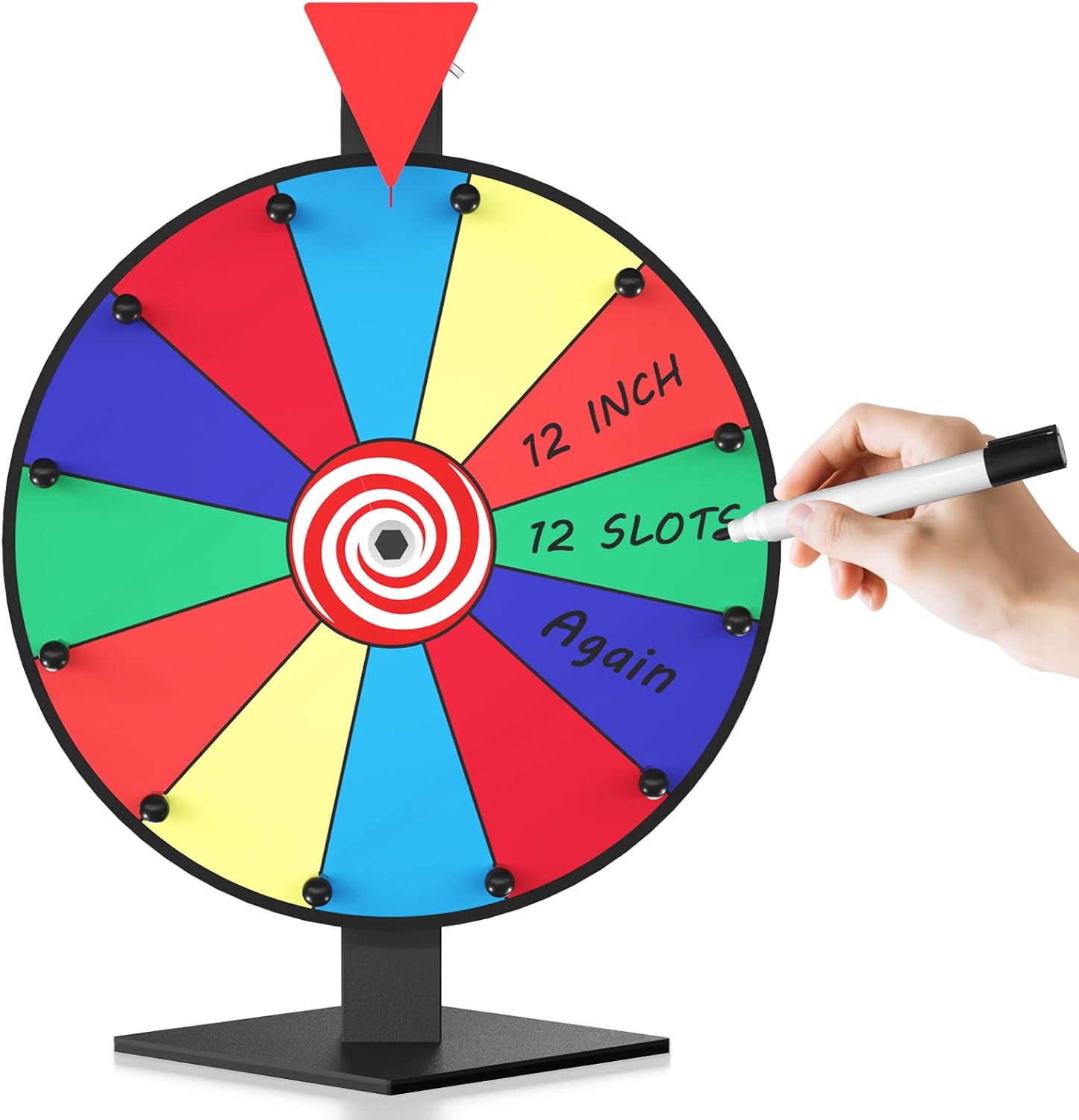 12 Inch Prize Wheel, 12 Slots Color Spinning Wheel with Diamond Base, Heavy Duty Tabletop Spinner Wheel Includes Dry Erase Marker & Eraser for Parties, Rewards & Classroom Activities