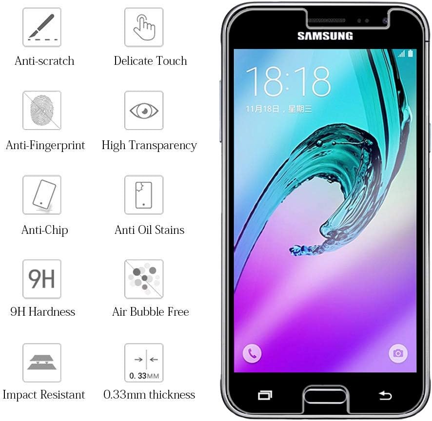KATIN Galaxy J3 2016 Screen Protector - [2-Pack] For Samsung Galaxy J3 2016 Version / J3 V Tempered Glass [Not For J3 Prime] 9H Hardness with Lifetime Replacement