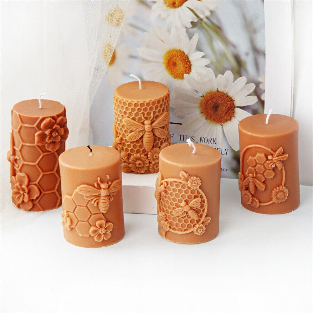 GRAINRAIN Artcraft Bee Cylinder Silicone Candle Soap Mold Honeycomb Flower Hive Beeswax Candle Making Mould (SXY331)